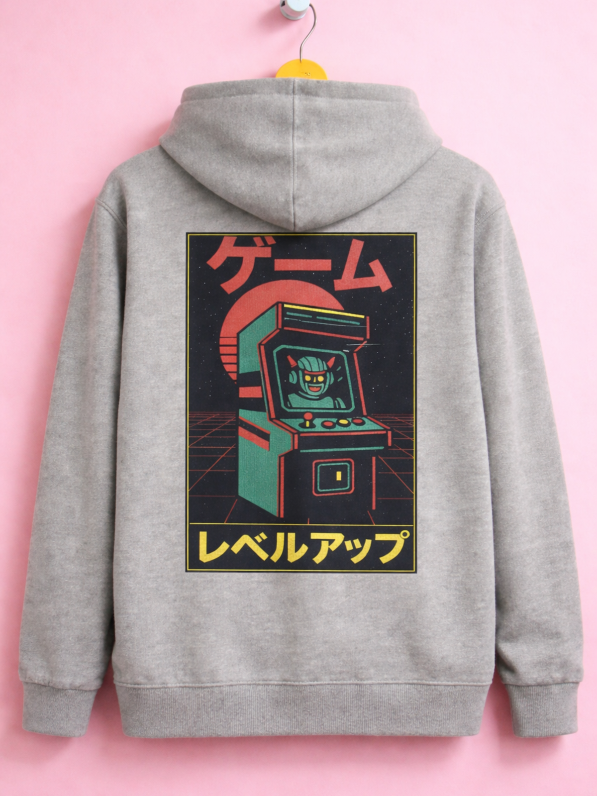 Grey Kyoto Neon Dawn Level Up hoodie on a hanger against a pink wall, back print showing
