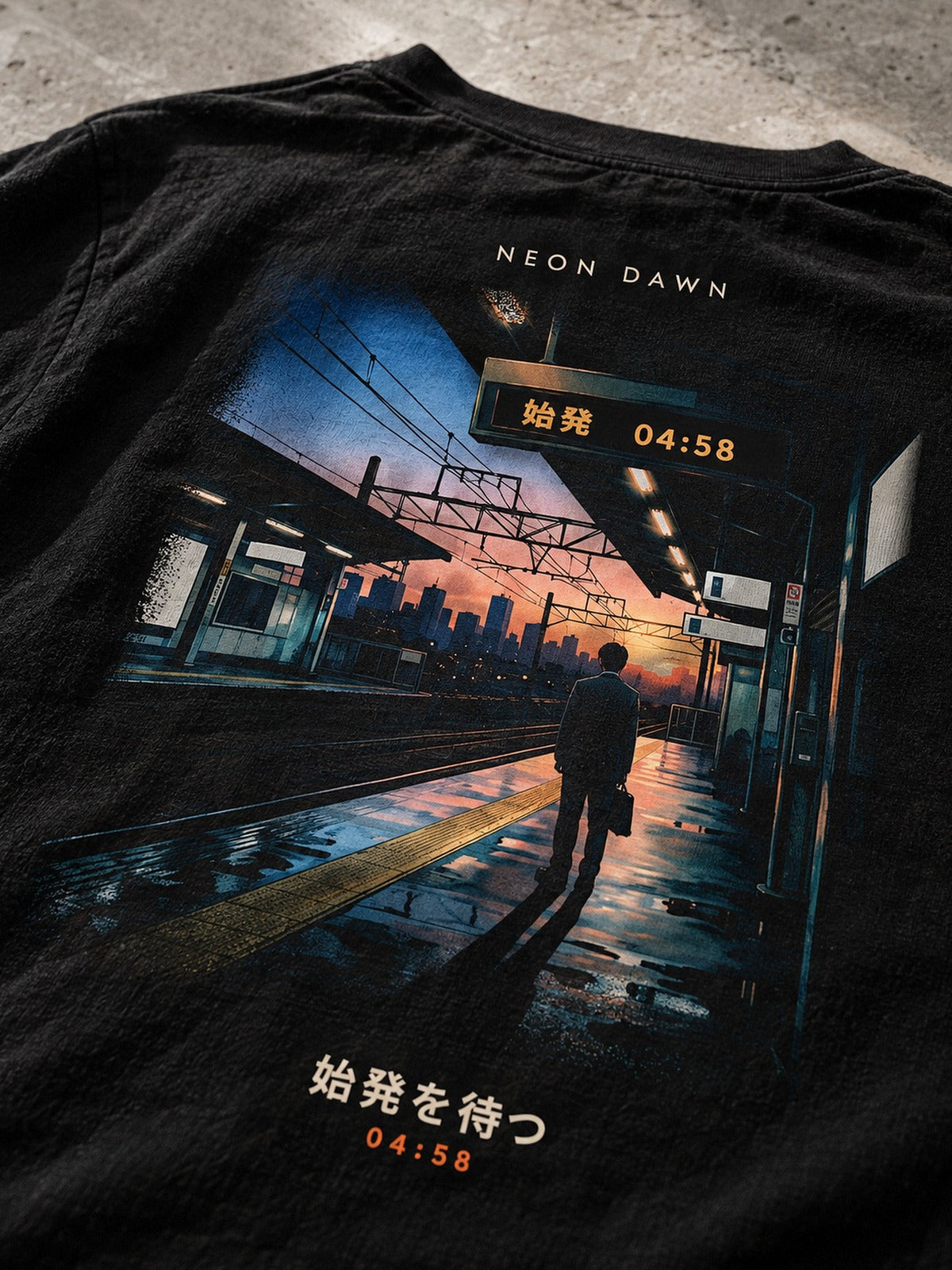 Detail of the Neon Dawn Shihatsu 始発 back print on heavyweight black cotton, the station platform and the 始発を待つ caption in focus