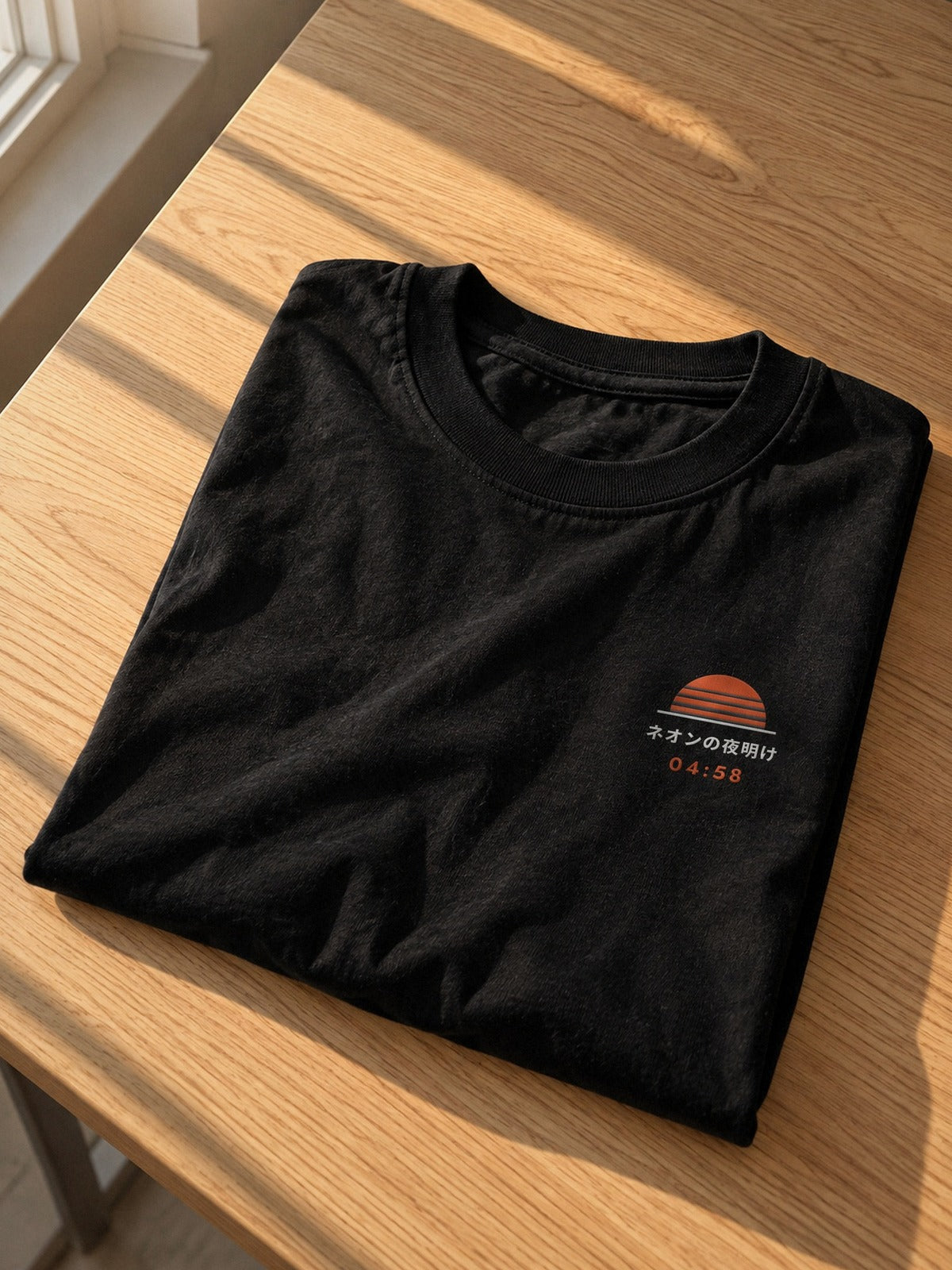 Neon Dawn Shihatsu 始発 heavyweight black tee folded on an oak table in late afternoon light, with the embroidered 04:58 sun on the chest