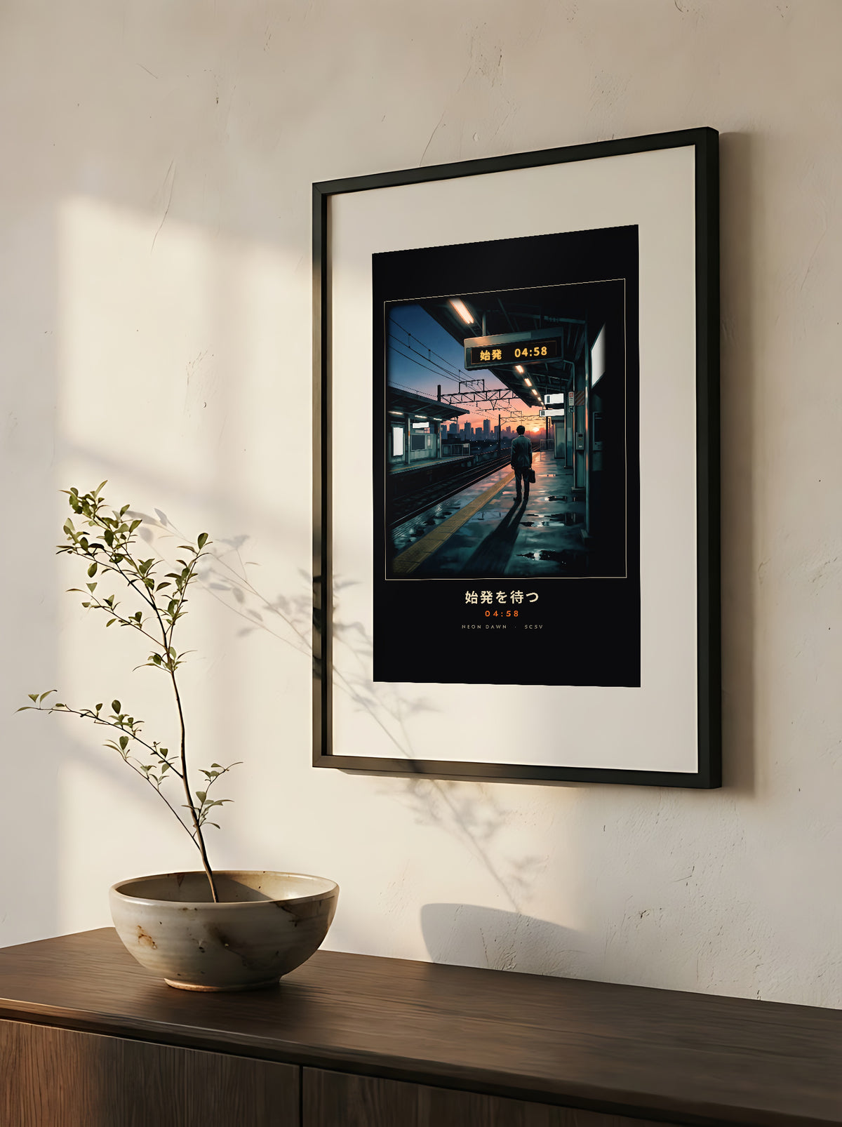 Shihatsu 始発 framed print: a commuter waiting for Tokyo's first train at sunrise, close-up of the black frame and white mat