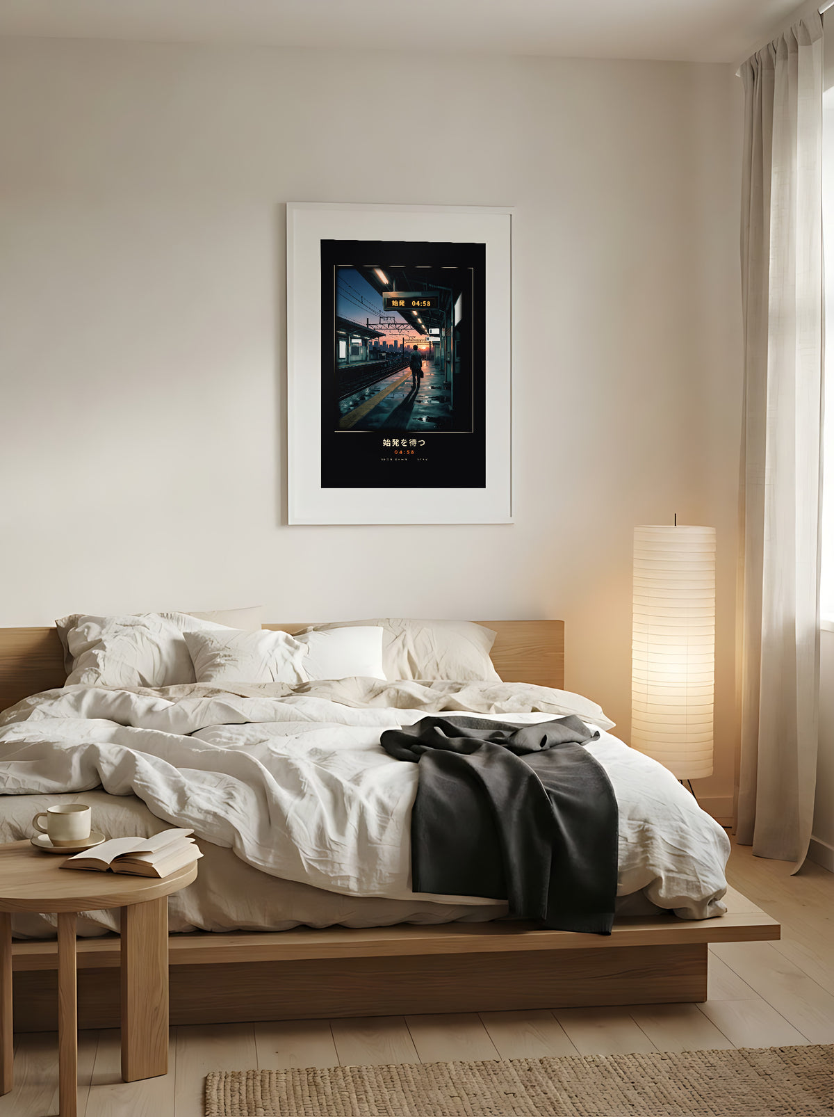 Shihatsu 始発 framed print: a commuter waiting for Tokyo's first train at sunrise, above a low oak bed in a Japandi bedroom