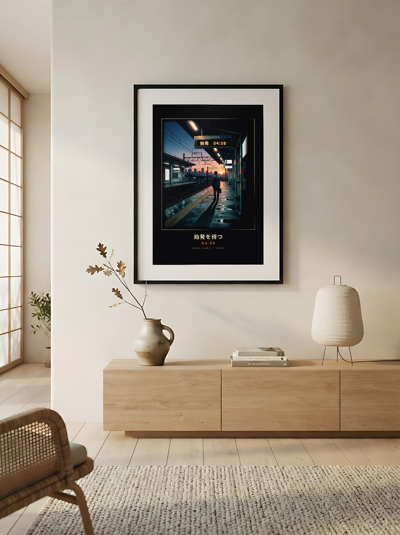 Shihatsu 始発 framed print: a commuter waiting for Tokyo's first train at sunrise, in a Japandi living room above an oak sideboard