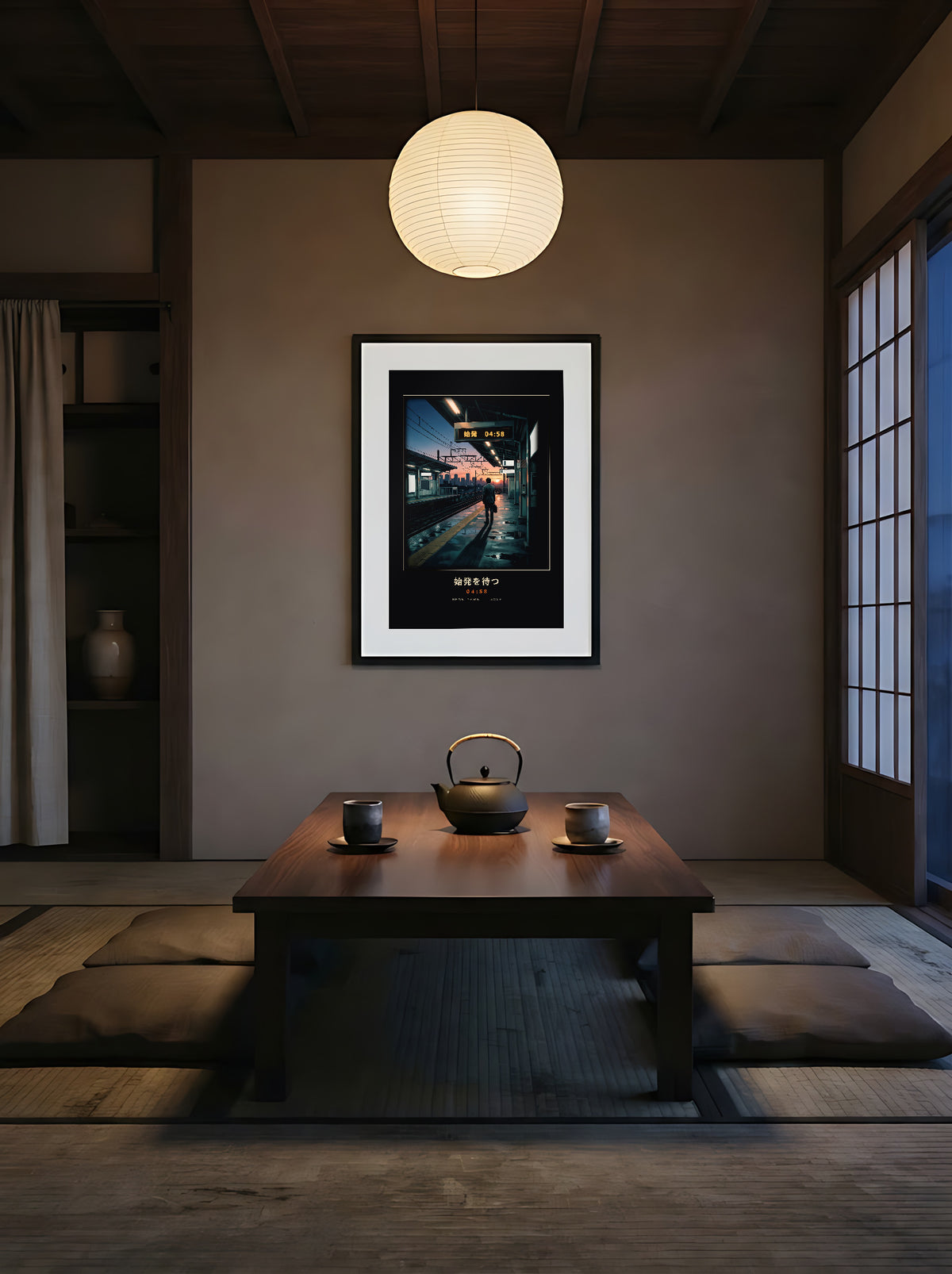 Shihatsu 始発 framed print: a commuter waiting for Tokyo's first train at sunrise, in a tatami dining room at dusk