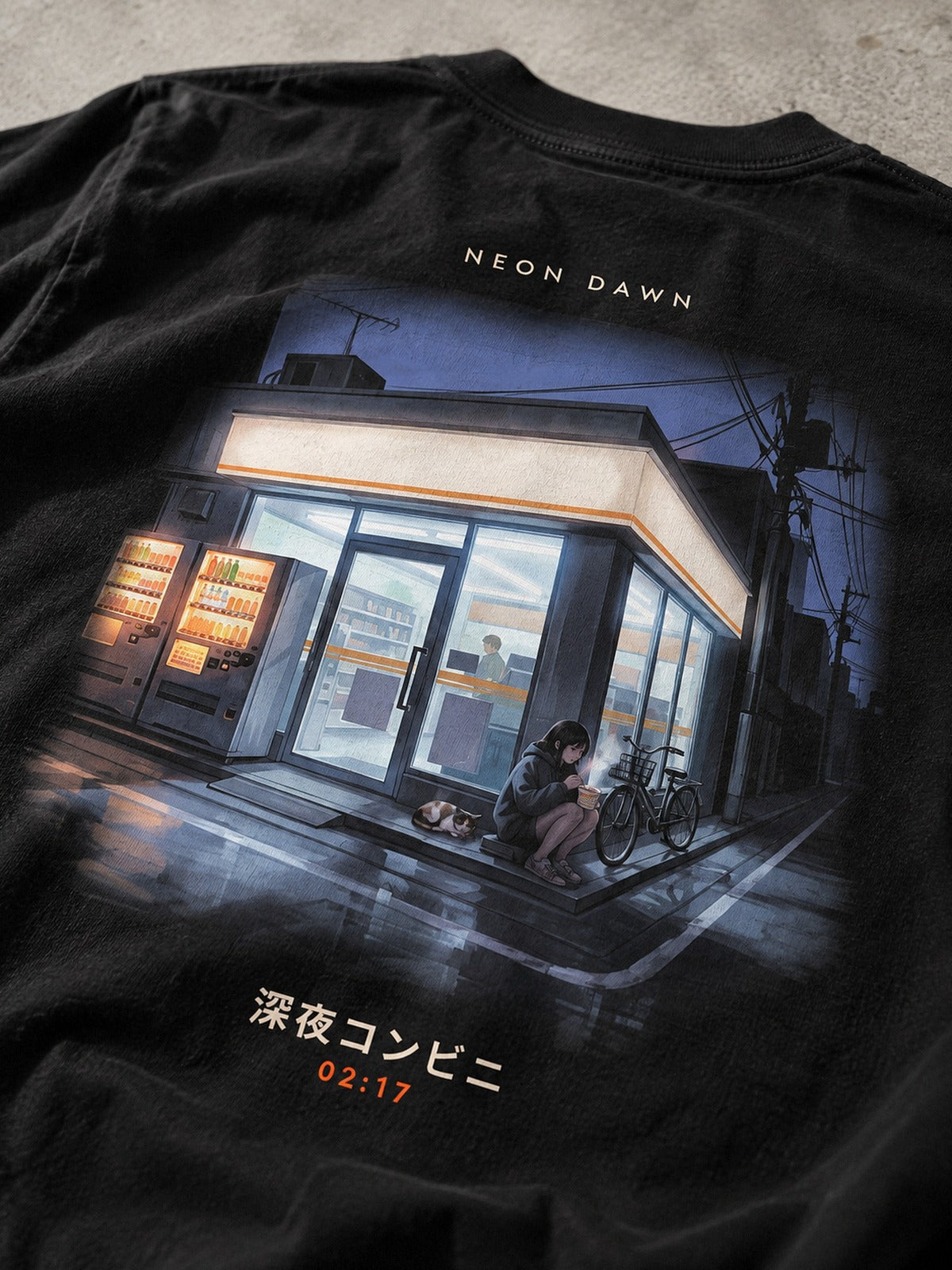 Detail of the Shin'ya Konbini back print: a Tokyo convenience store at 2am, vending machines, a girl eating noodles on the step beside a sleeping cat