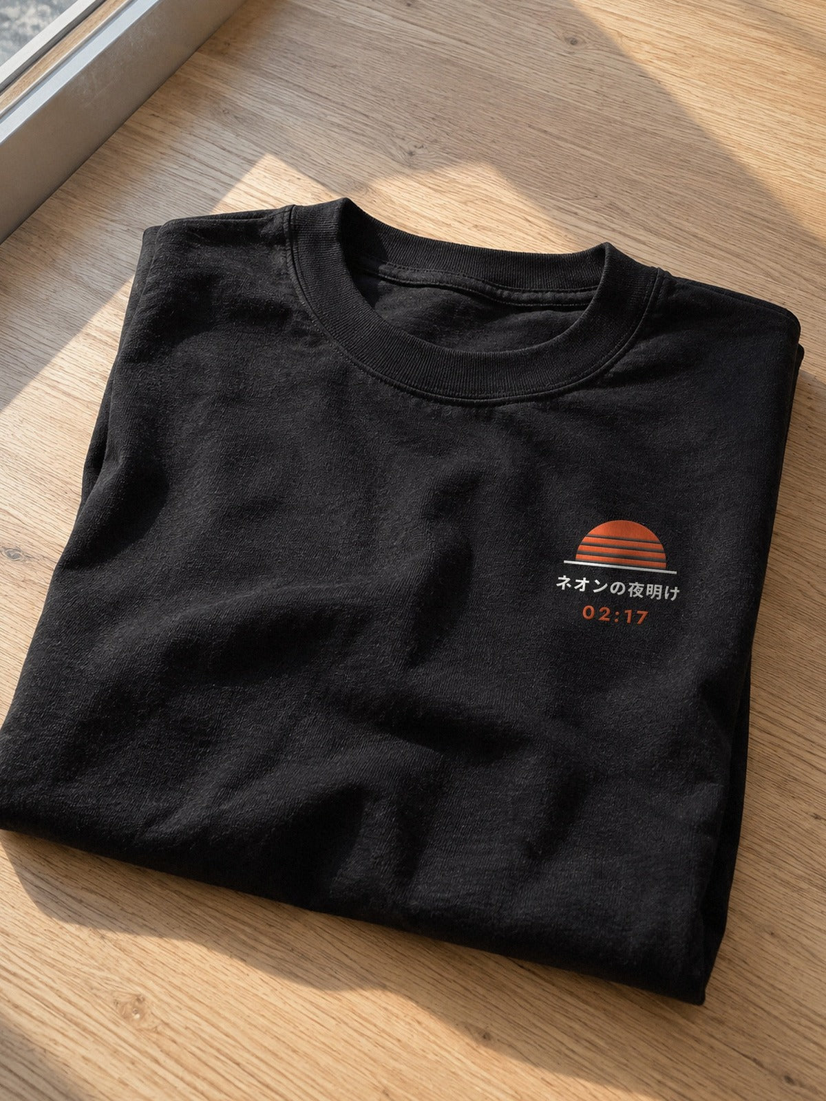 Shin'ya Konbini black T-shirt folded on an oak table in daylight, embroidered Neon Dawn emblem on the chest