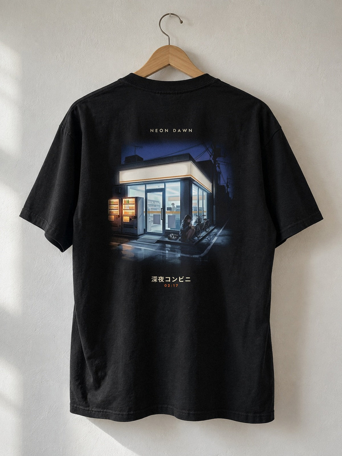 Back of the Shin'ya Konbini black T-shirt on a wooden hanger, showing the full late-night konbini print