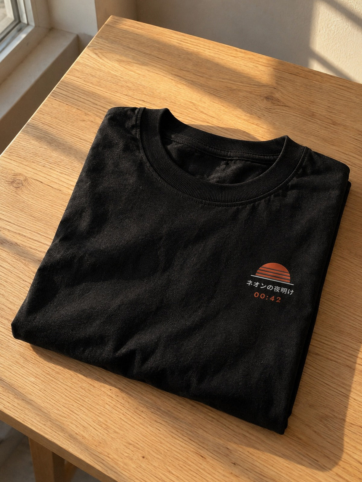 Shūden 終電 embroidered black T-shirt folded on an oak table in late afternoon light