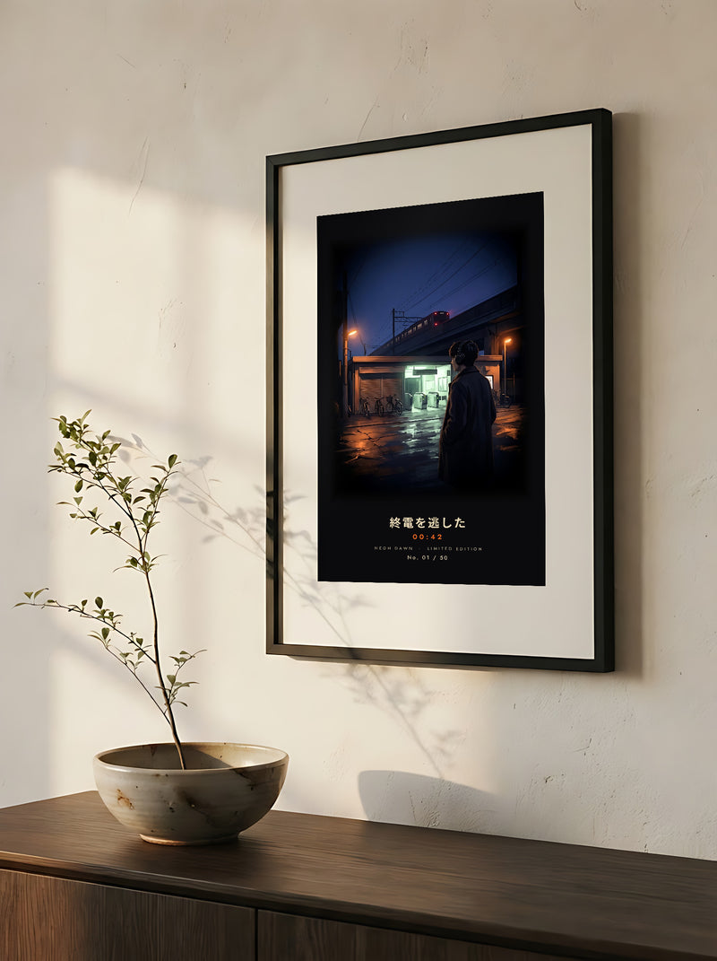Shūden 終電 limited edition framed print: a young man in headphones outside a Tokyo station at midnight as the last train pulls away, close-up of the black frame and white mat