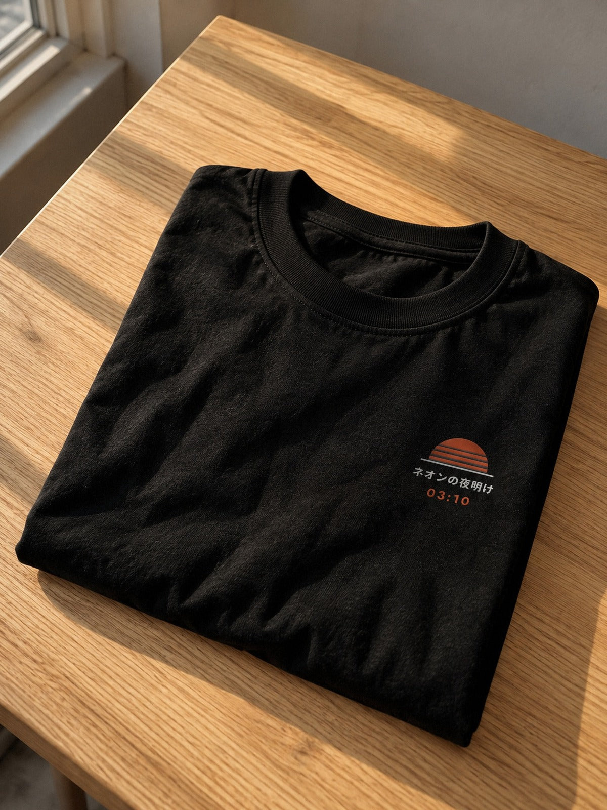 Neon Dawn Shuya Eigyo 終夜営業 heavyweight black tee folded on an oak table in late afternoon light, with the embroidered 03:10 sun on the chest