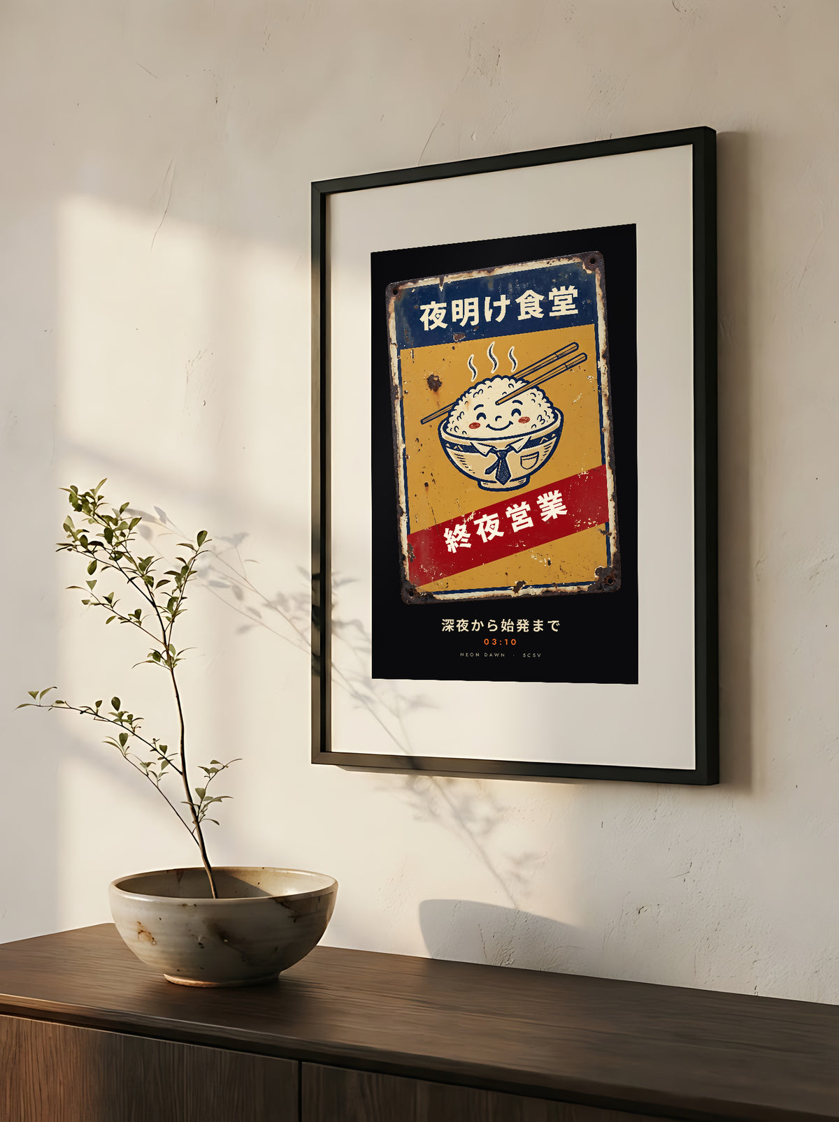 Shuya Eigyo 終夜営業 framed print: vintage Japanese diner sign with a smiling rice bowl, close-up of the black frame and white mat