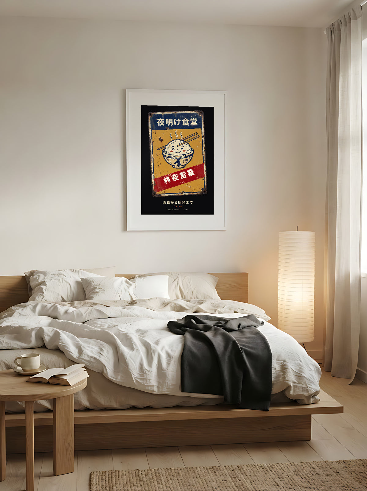 Shuya Eigyo 終夜営業 framed print: vintage Japanese diner sign with a smiling rice bowl, above a low oak bed in a Japandi bedroom