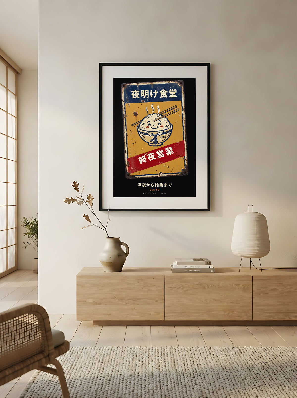 Shuya Eigyo 終夜営業 framed print: vintage Japanese diner sign with a smiling rice bowl, in a Japandi living room above an oak sideboard