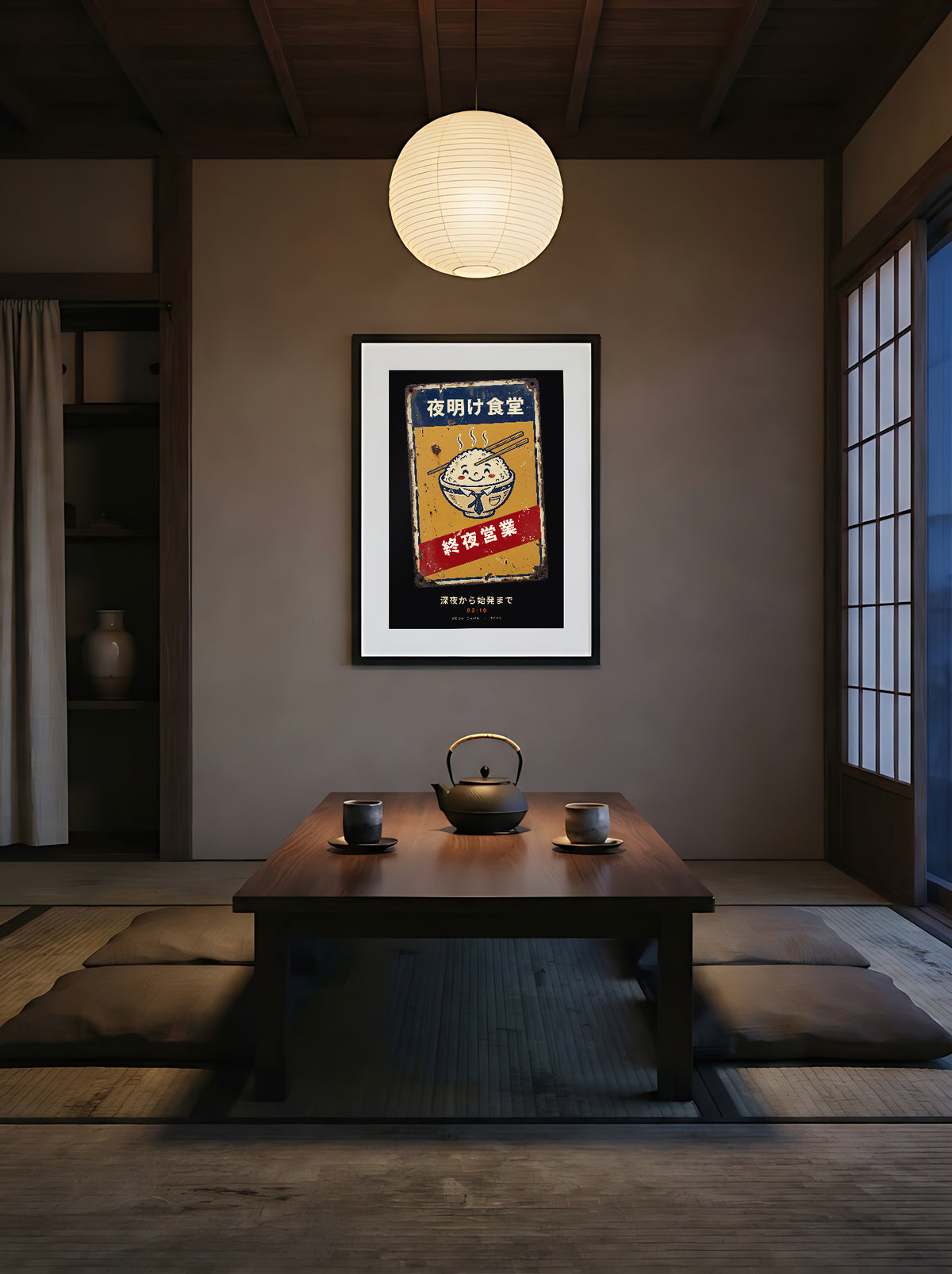 Shuya Eigyo 終夜営業 framed print: vintage Japanese diner sign with a smiling rice bowl, in a tatami dining room at dusk