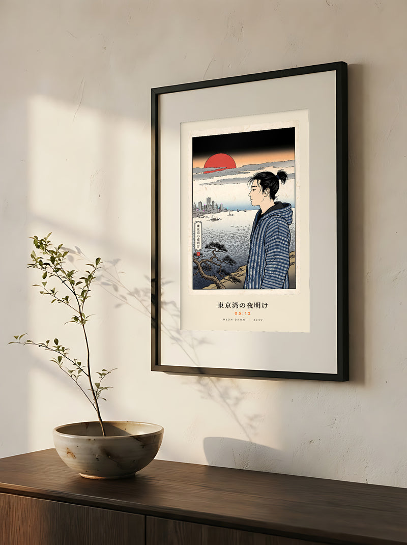 Tokyo Bay 東京湾 framed print: woodblock-style dawn over Tokyo Bay with a red sun, close-up of the black frame and white mat