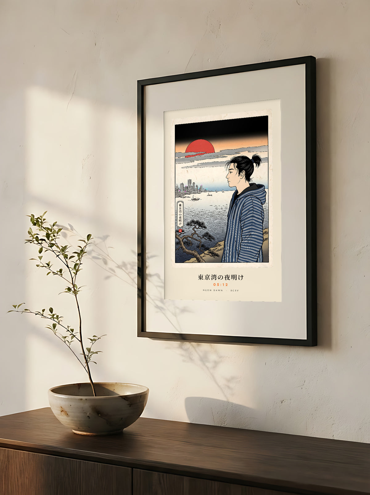 Tokyo Bay 東京湾 framed print: woodblock-style dawn over Tokyo Bay with a red sun, close-up of the black frame and white mat