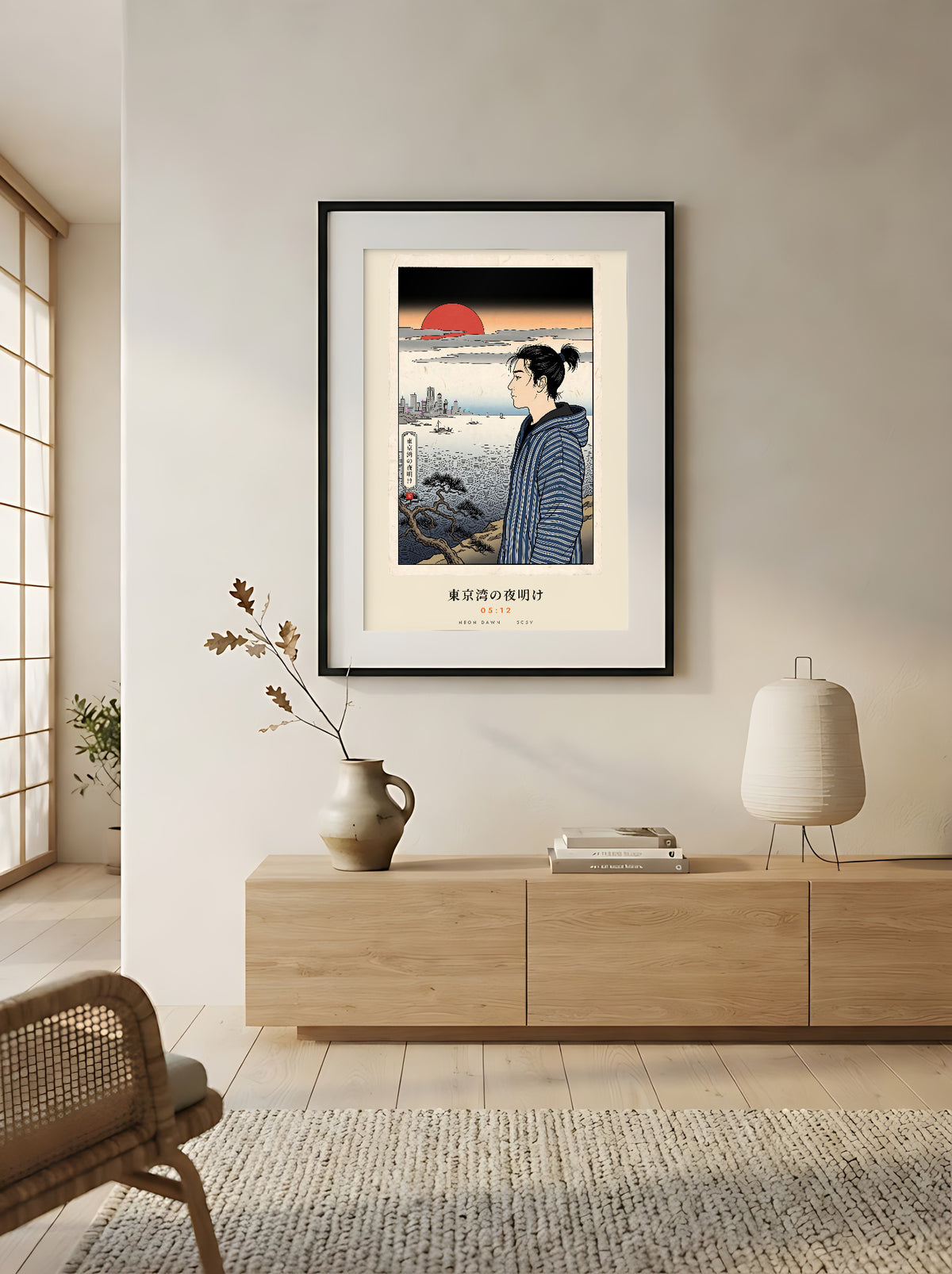 Tokyo Bay 東京湾 framed print: woodblock-style dawn over Tokyo Bay with a red sun, in a Japandi living room above an oak sideboard