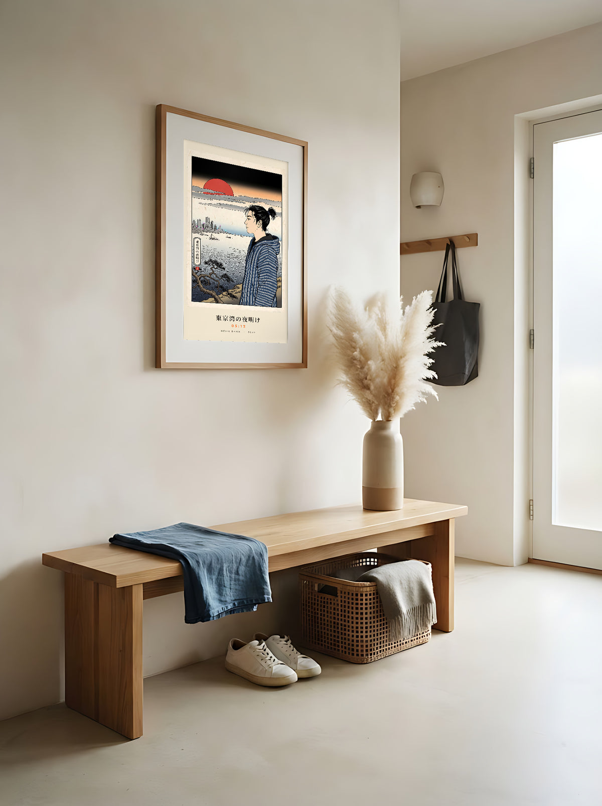 Tokyo Bay 東京湾 framed print: woodblock-style dawn over Tokyo Bay with a red sun, red oak frame in a Japandi entrance hall