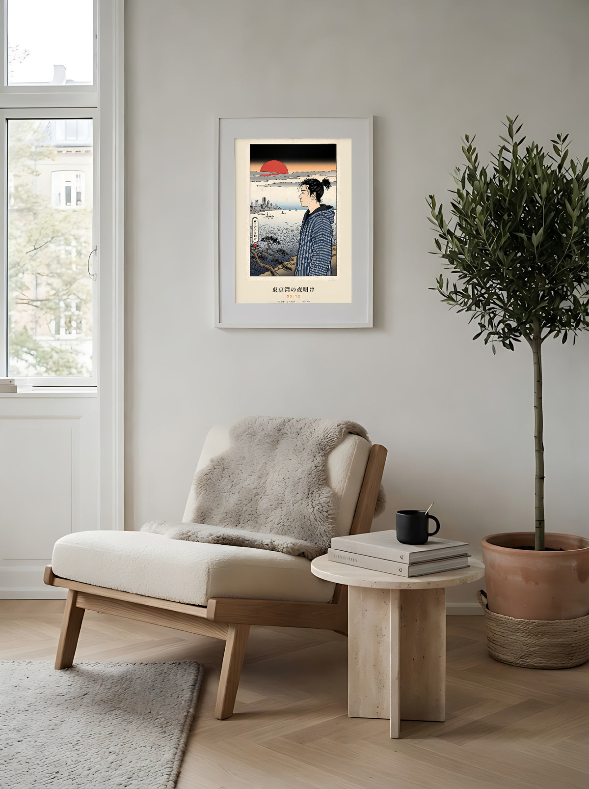 Tokyo Bay 東京湾 framed print: woodblock-style dawn over Tokyo Bay with a red sun, in a Scandinavian reading corner, white frame