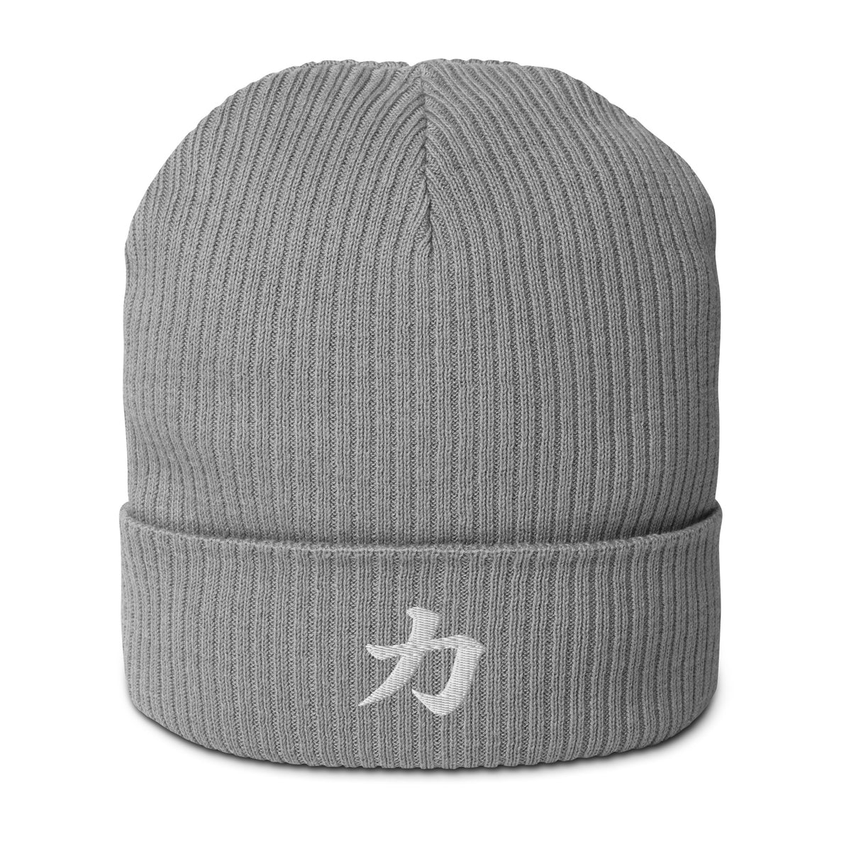 Light Grey ribbed Osaka beanie with the kanji 力 (strength) embroidered in white on the cuff, front view