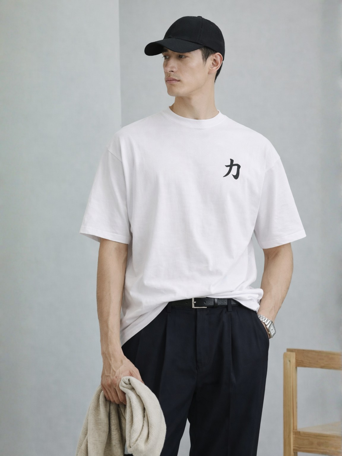 Model in a cap wearing the white Osaka Strength 力 premium oversized tee