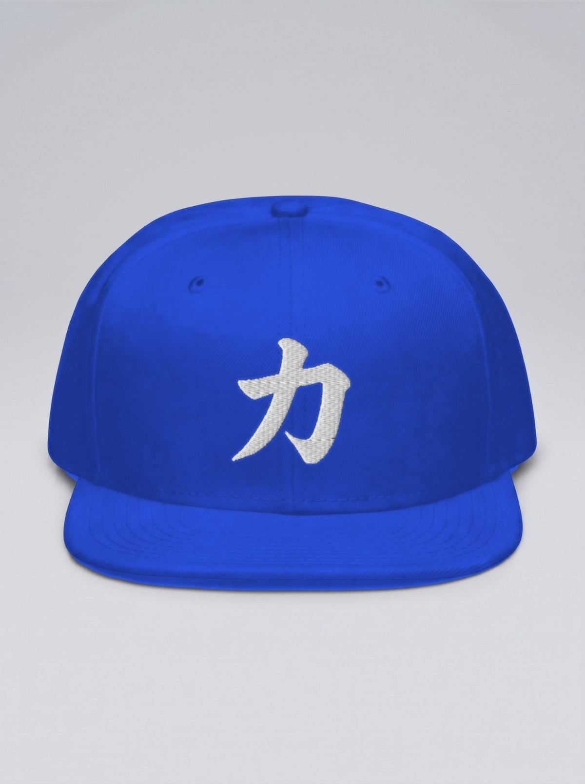 Osaka Strength 力 Fude Edition snapback in royal blue, front view: white brush-stroke kanji embroidered low and centred