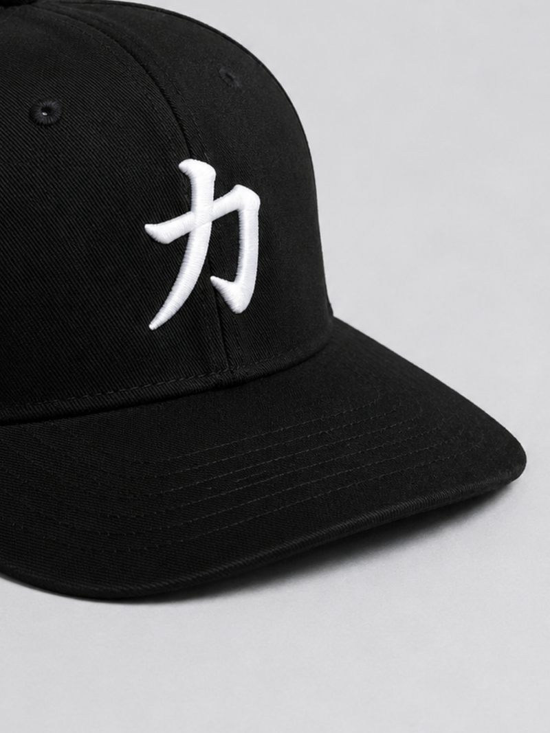 Close view of the white 力 embroidery on the black Osaka Strength 力 snapback