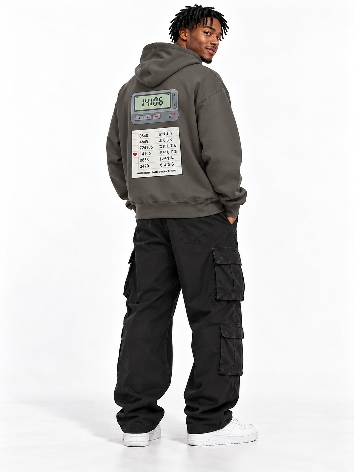 Pokeberu ポケベル 4649 Pager hoodie asphalt by 5C5V, back view on model