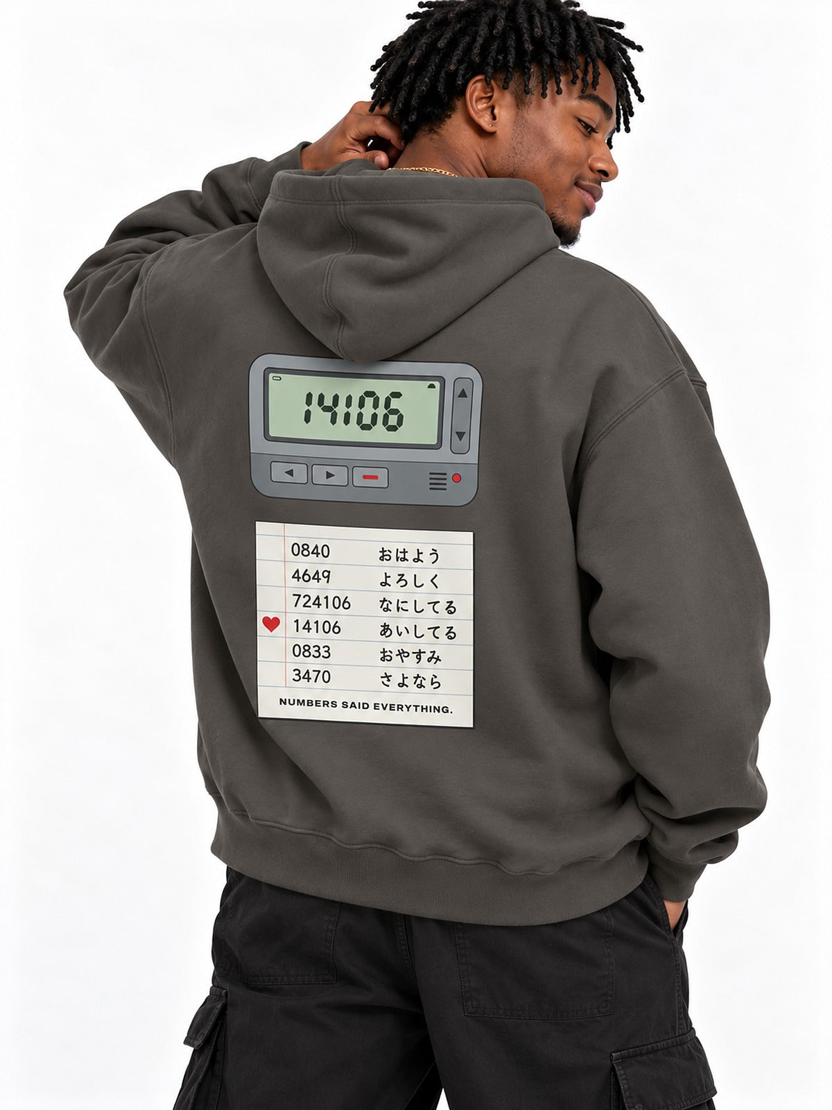 Pokeberu ポケベル 4649 Pager hoodie by 5C5V, close-up of the back print