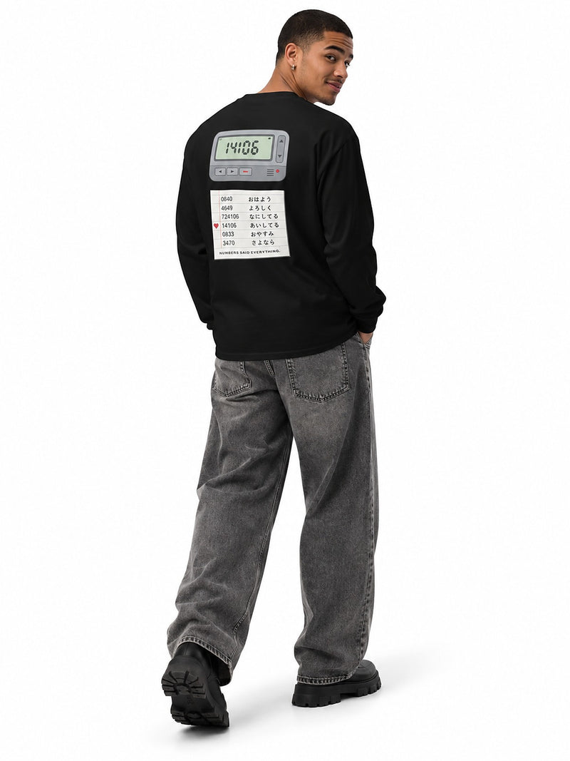 Pokeberu ポケベル 4649 Pager long-sleeve T-shirt black by 5C5V, back view on model