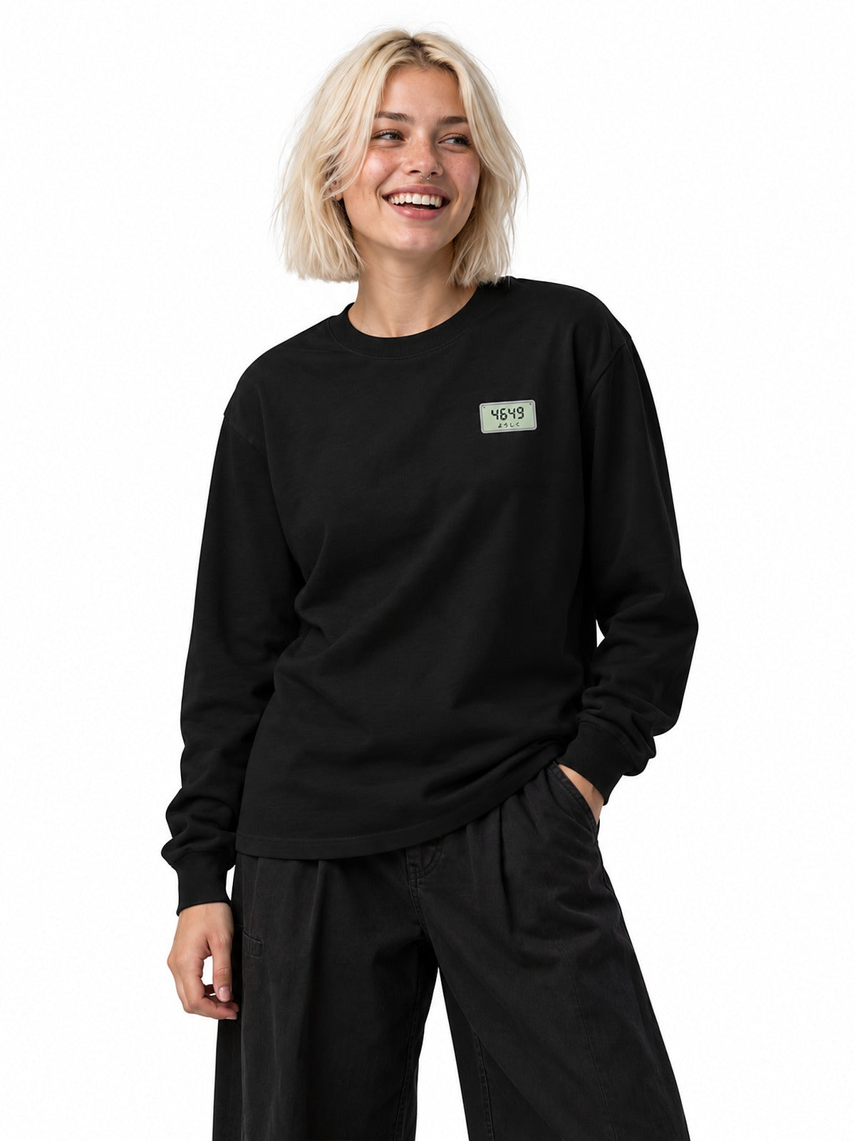 Pokeberu ポケベル 4649 Pager long-sleeve T-shirt black by 5C5V, front view with the chest mark