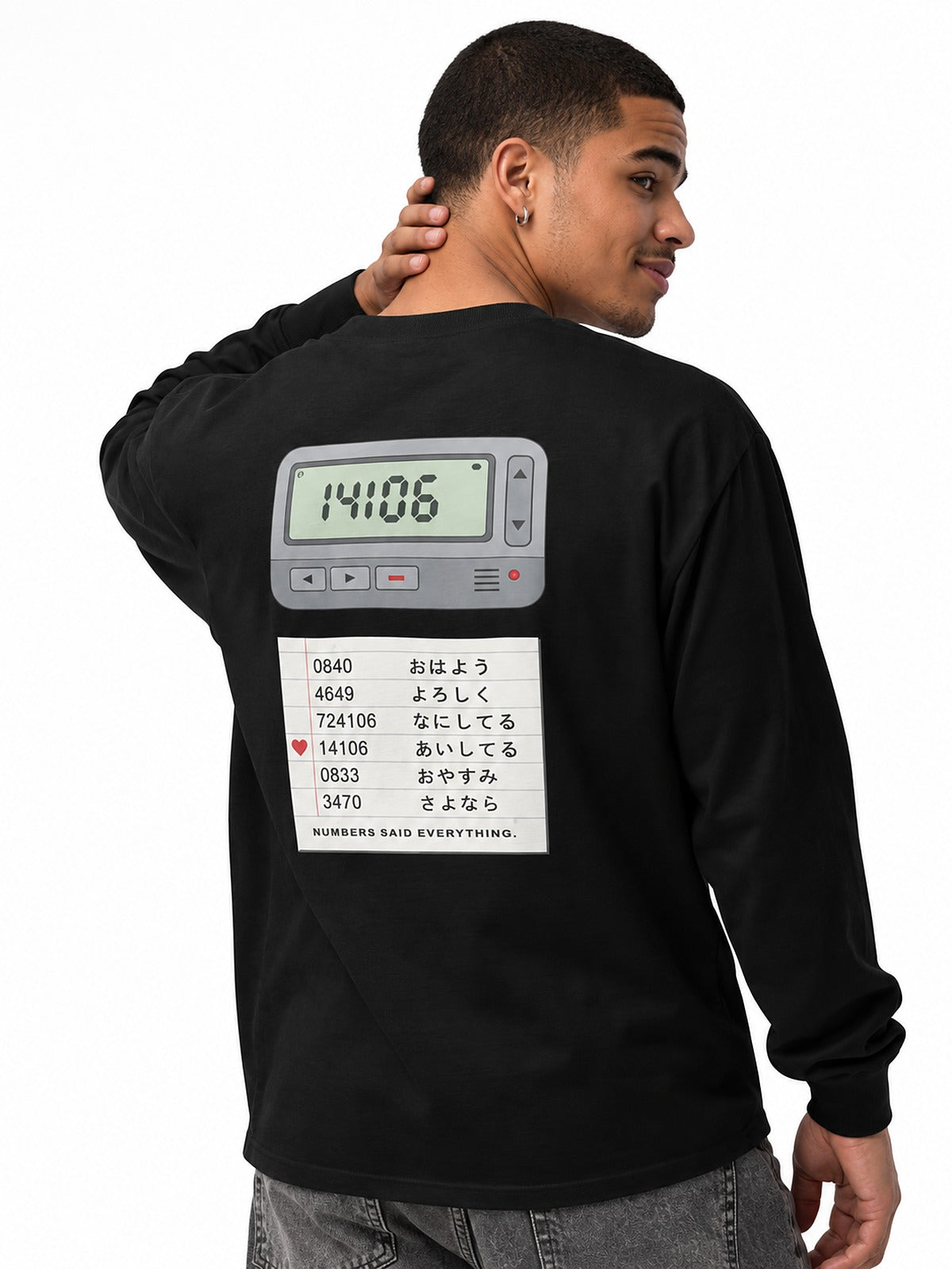 Pokeberu ポケベル 4649 Pager long-sleeve T-shirt by 5C5V, close-up of the back print