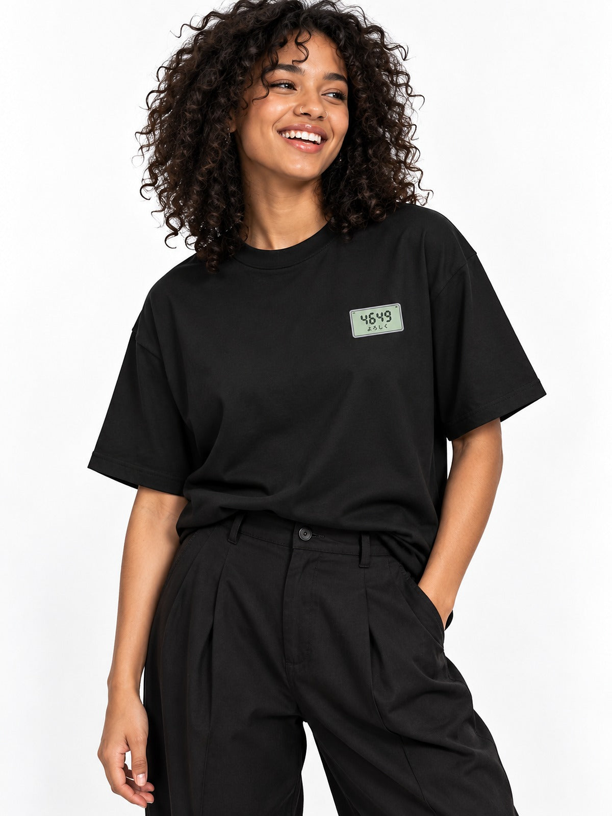 Pokeberu ポケベル 4649 Pager T-shirt black by 5C5V, front view with the chest mark