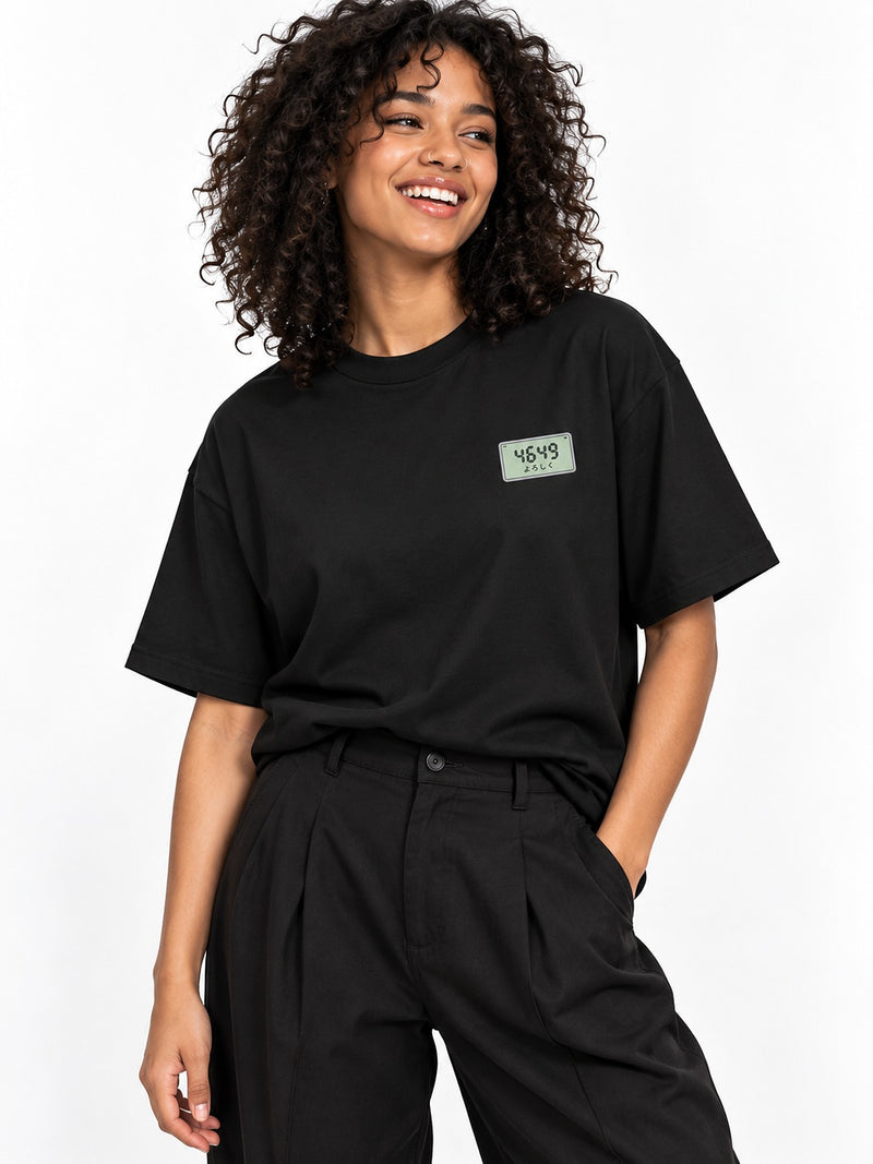 Pokeberu ポケベル 4649 Pager T-shirt black by 5C5V, front view with the chest mark