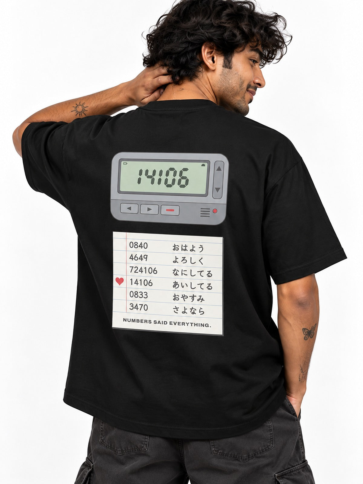 Pokeberu ポケベル 4649 Pager T-shirt by 5C5V, close-up of the back print