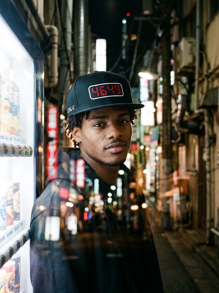 Pokeberu 4649 Japanese Snapback by 5C5V, double exposure on a Tokyo backstreet at night