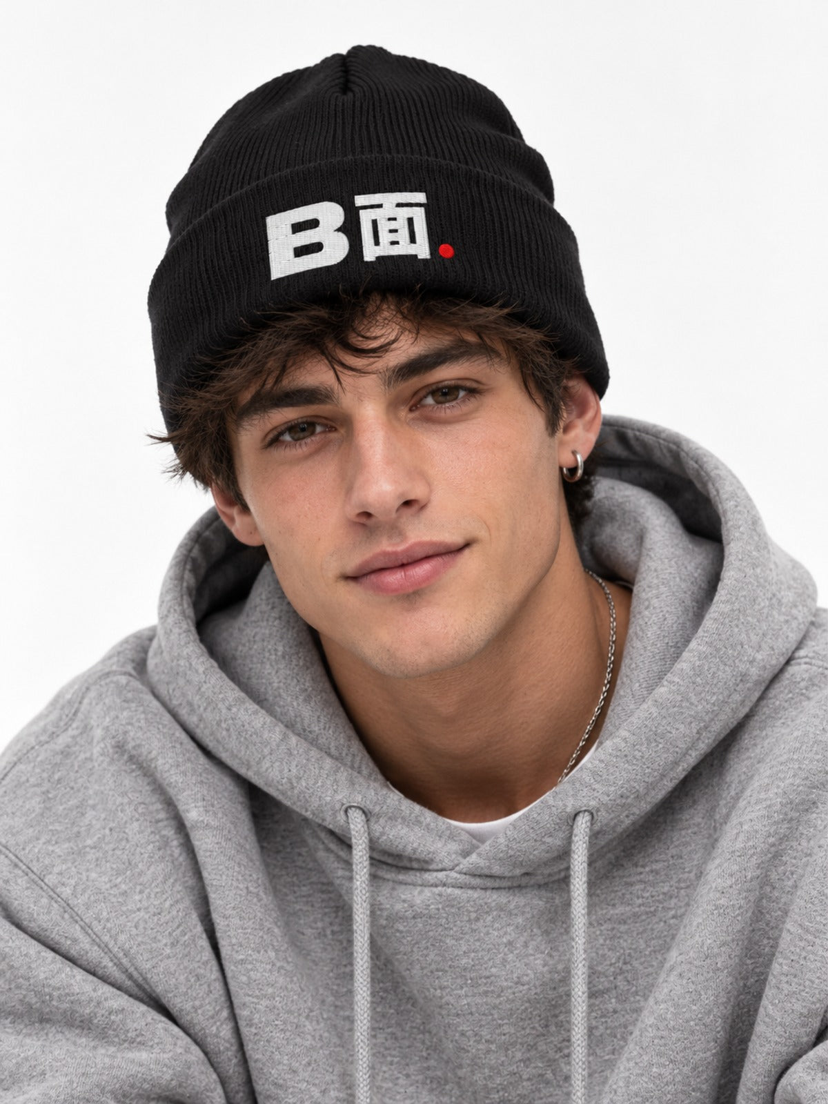 B-men B面 Japanese Beanie in Black by 5C5V, on model, front view