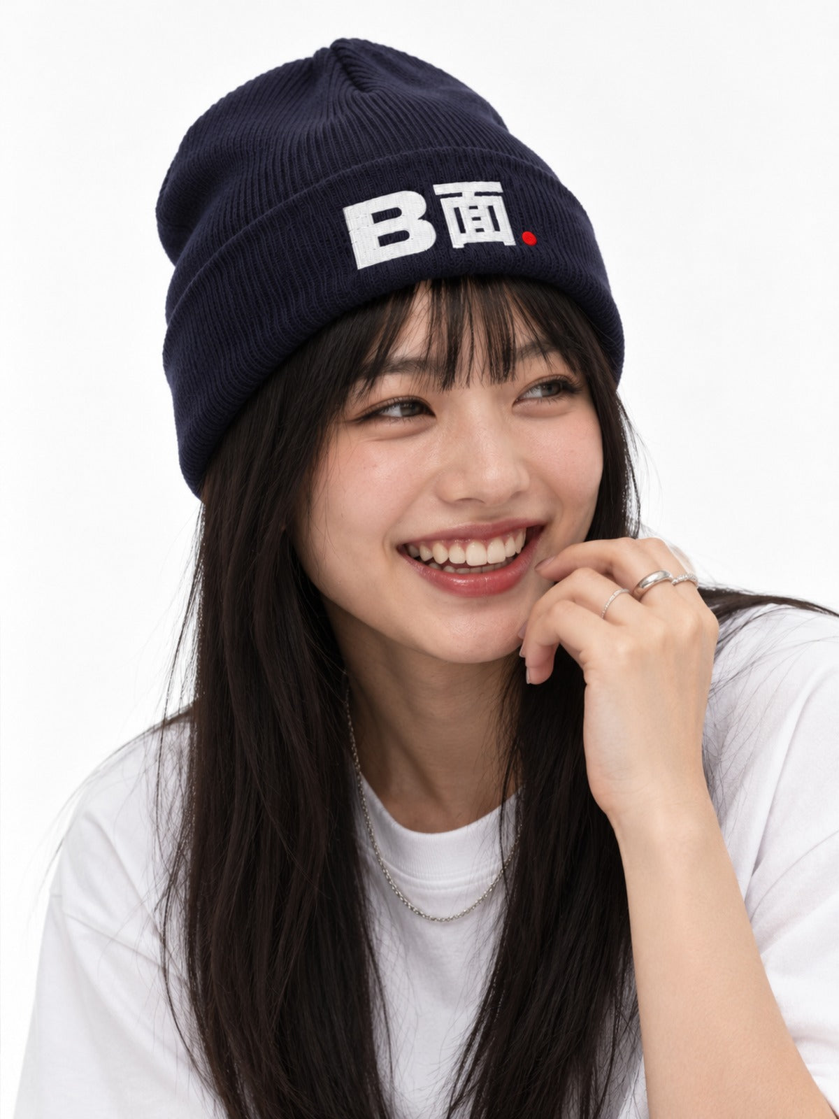 B-men B面 Japanese Beanie in Navy by 5C5V, on model, side view