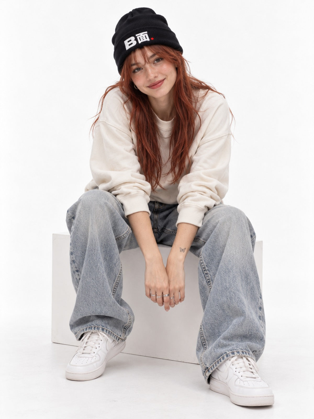 B-men B面 Japanese Beanie in Black by 5C5V, on model, full-length