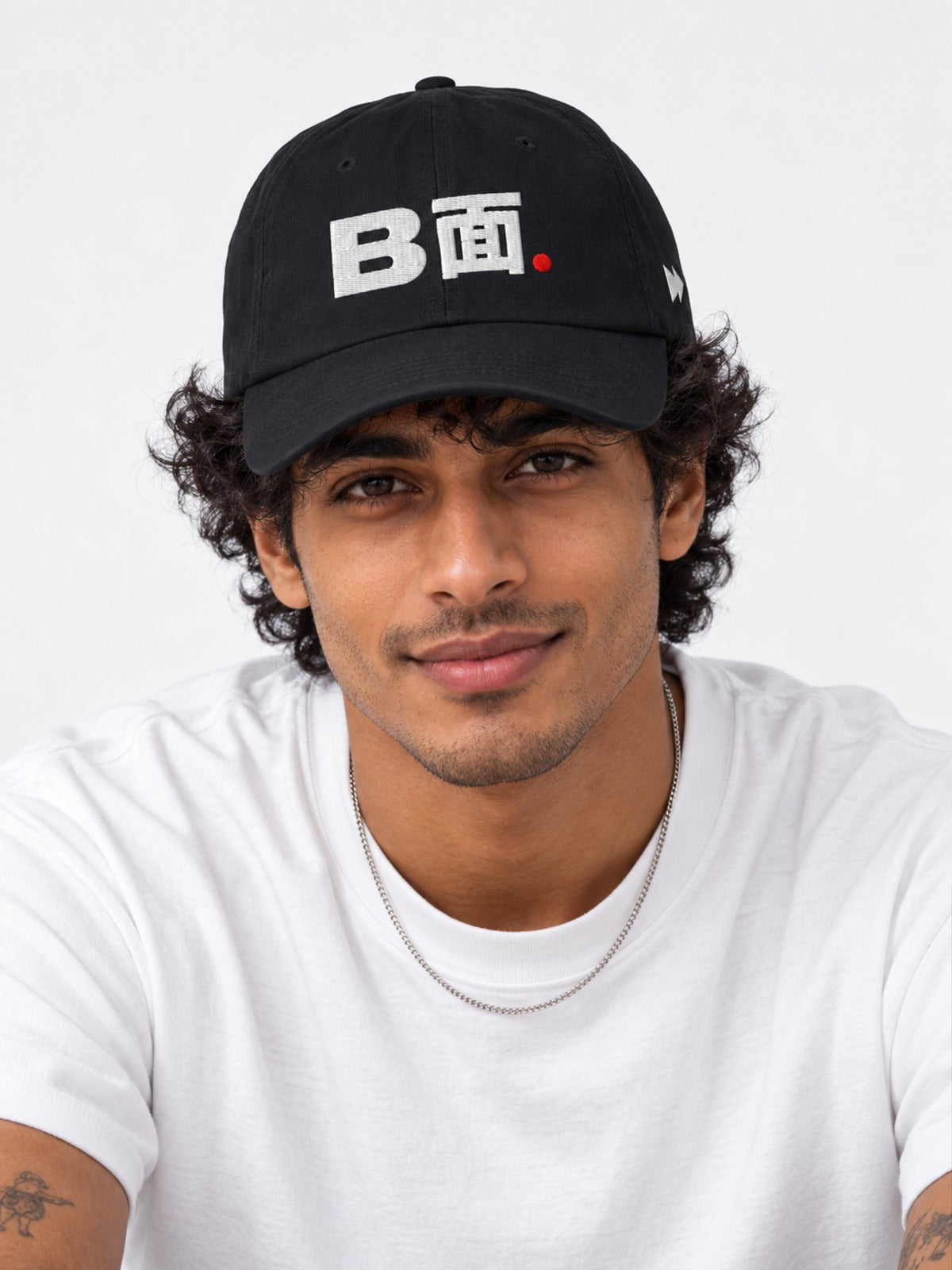 B面 Japanese Baseball Cap in Black by 5C5V, on model, front view
