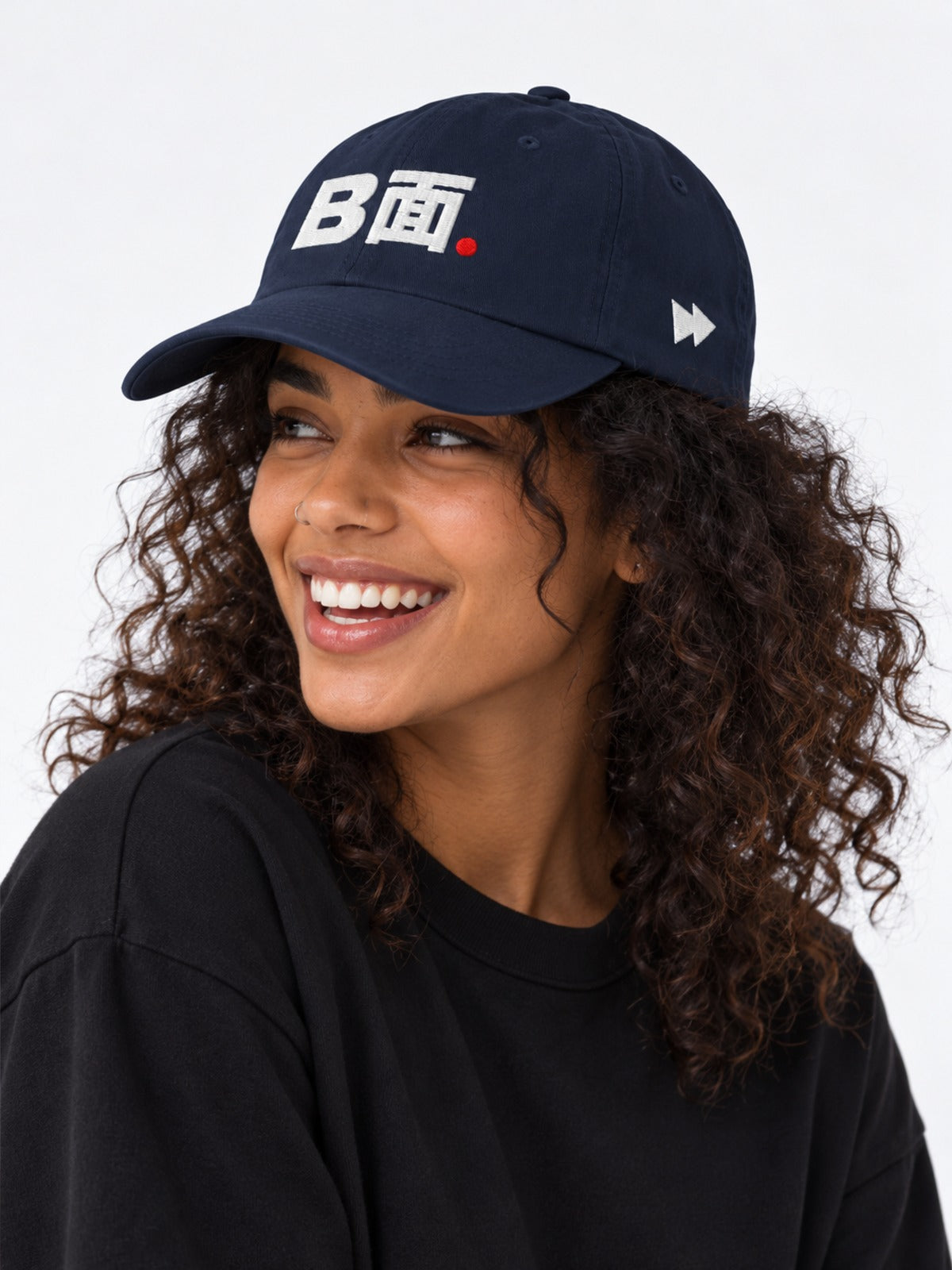 B面 Japanese Baseball Cap in Navy by 5C5V, on model, side view
