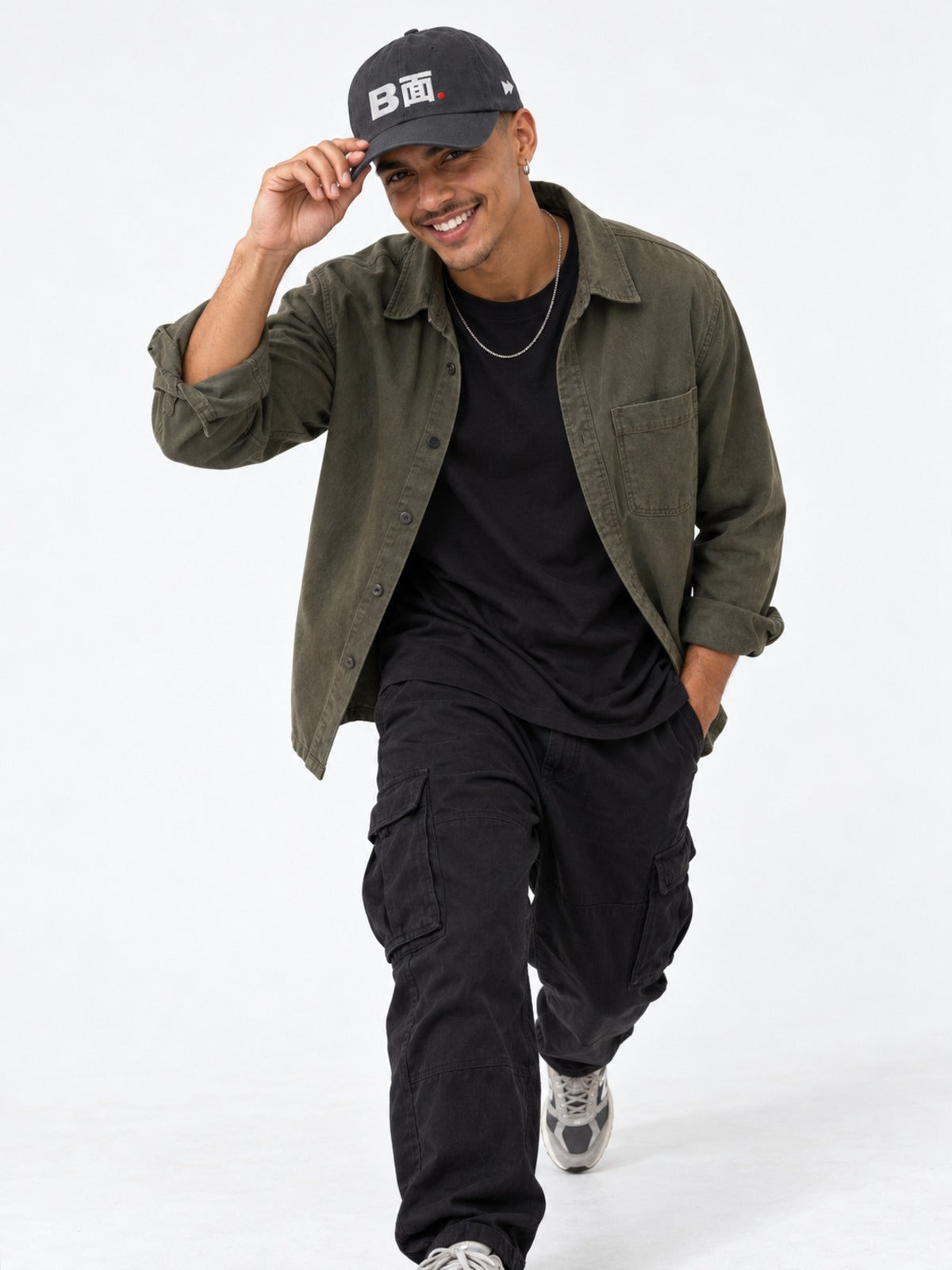 B面 Japanese Baseball Cap in Dark Grey by 5C5V, on model, full-length