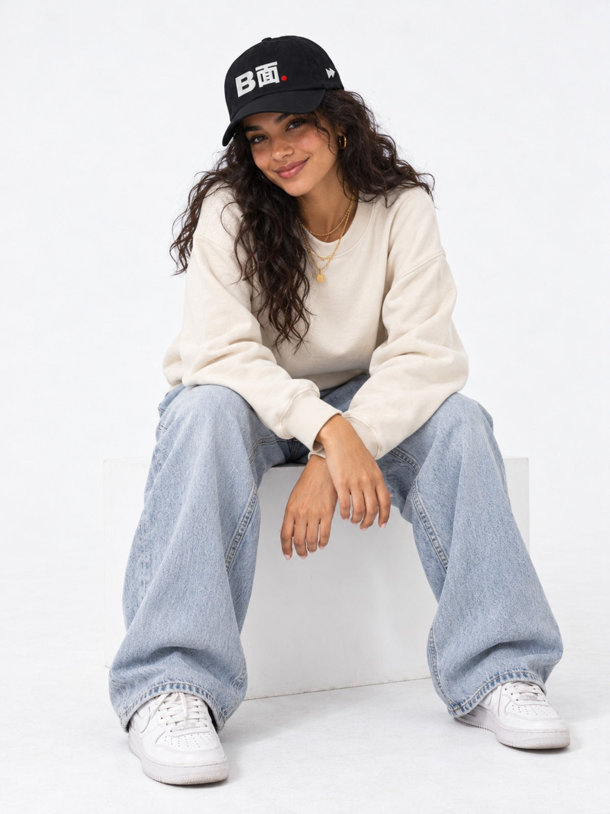 B面 Japanese Baseball Cap in Black by 5C5V, on model, seated
