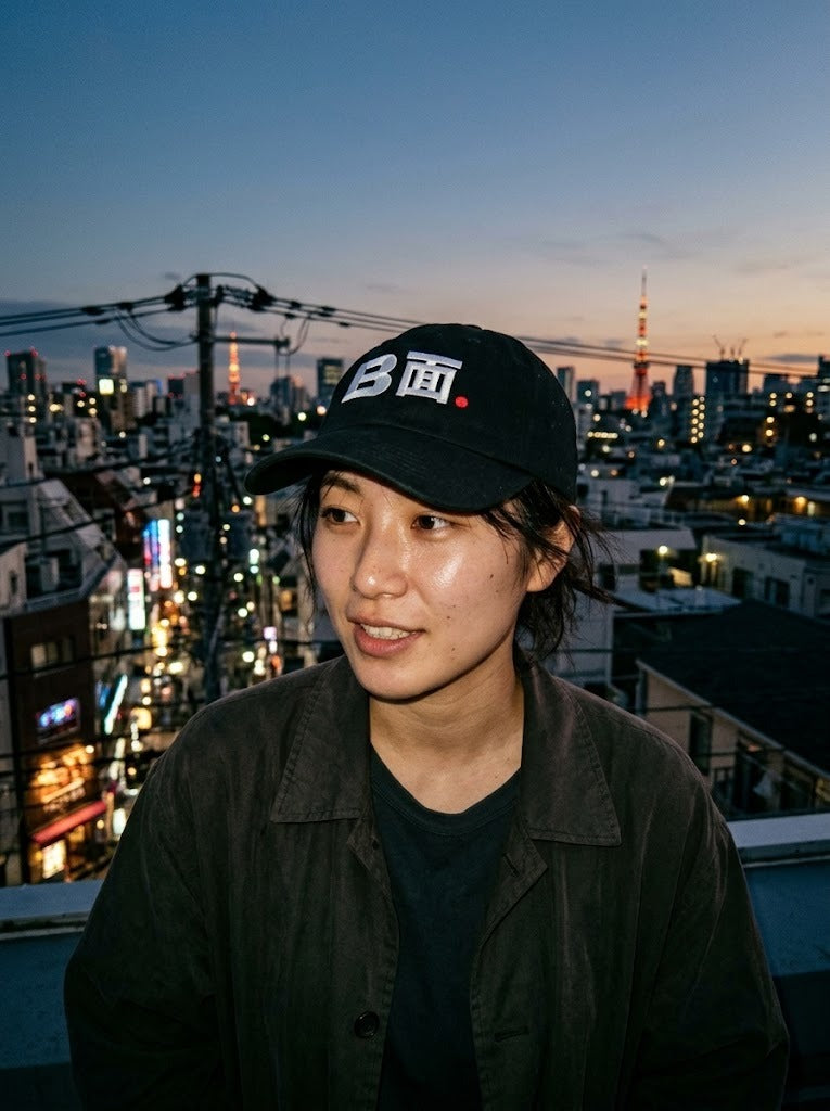 B面 Japanese Baseball Cap by 5C5V, worn on a Tokyo rooftop at dusk