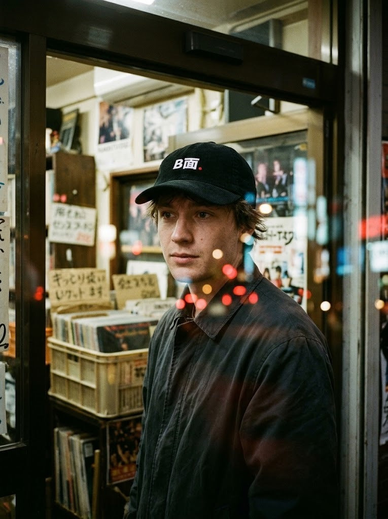 B面 Japanese Corduroy Baseball Cap by 5C5V, double exposure at a Shimokitazawa record shop