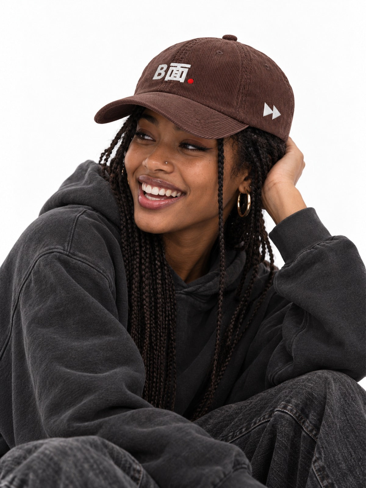 B面 Japanese Corduroy Baseball Cap in Brown by 5C5V, on model, side view