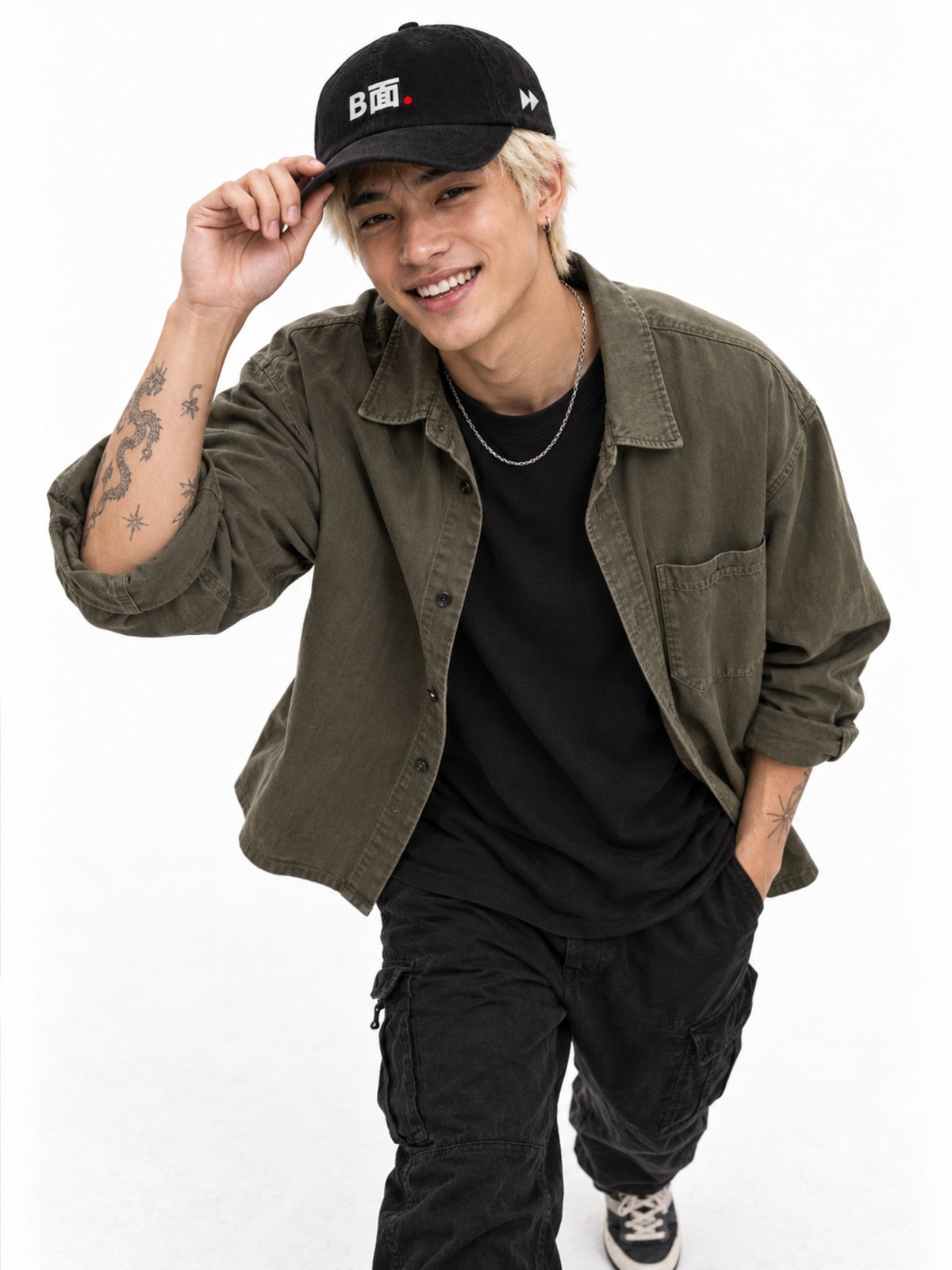 B面 Japanese Corduroy Baseball Cap in Black by 5C5V, on model, full-length