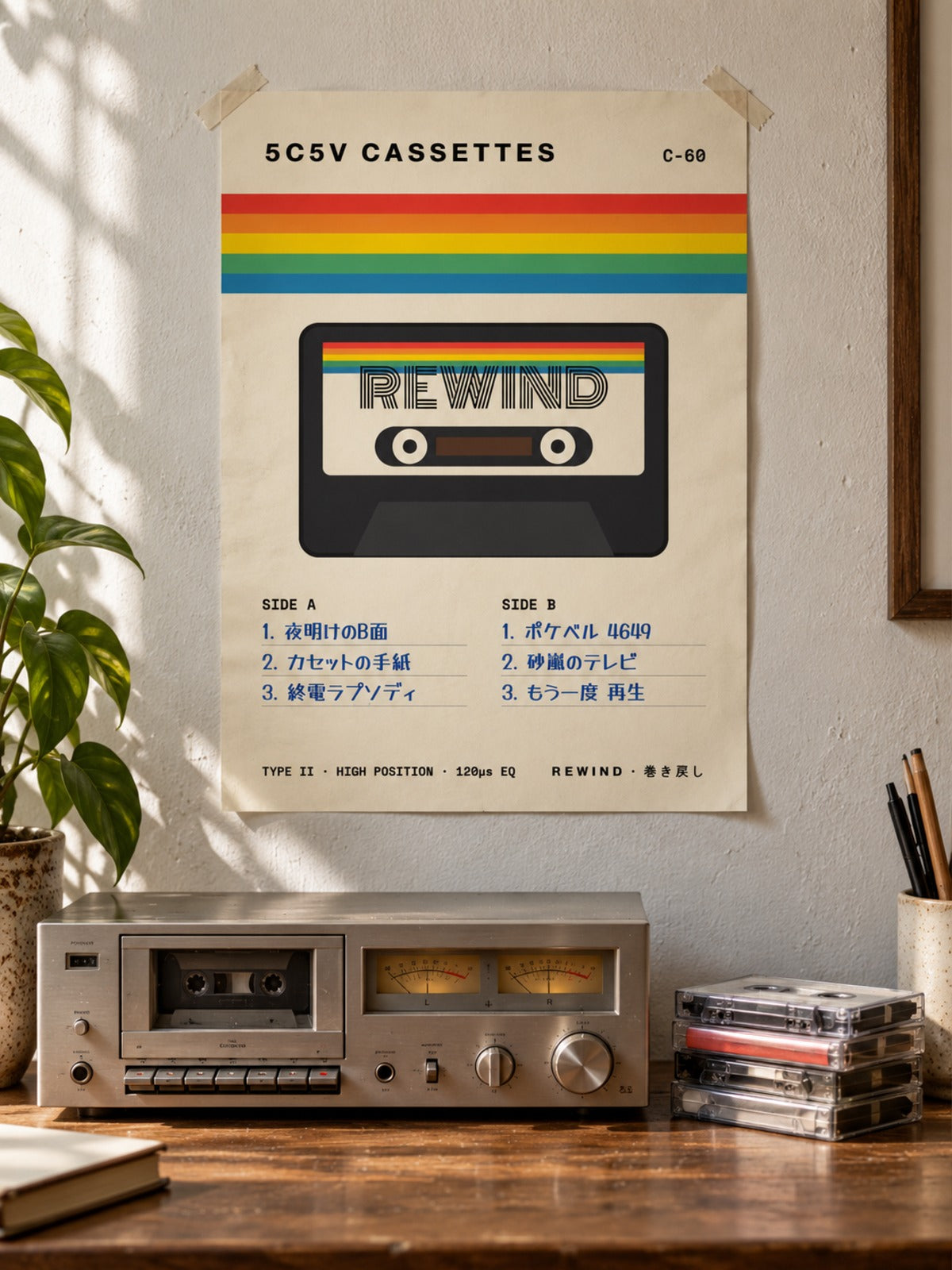 Kasetto カセット C-60 Japanese J-Card Poster by 5C5V above a desk with a cassette deck