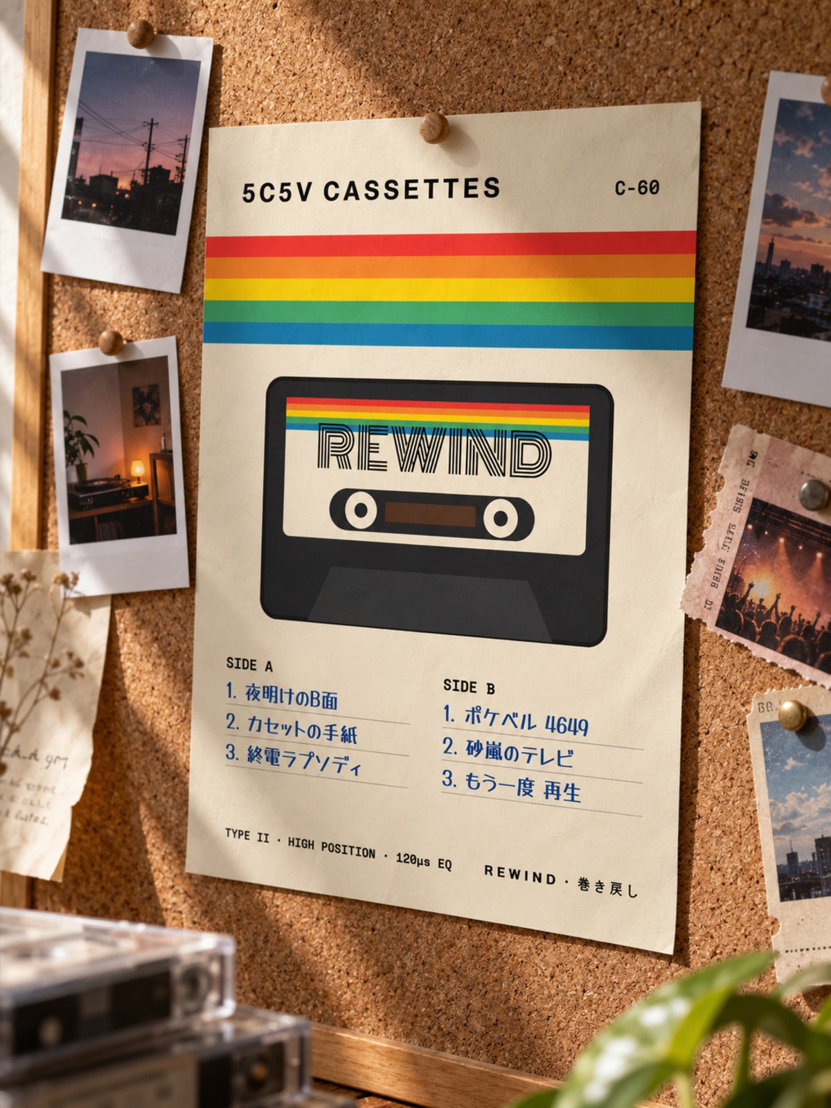 Kasetto カセット C-60 Japanese J-Card Poster by 5C5V pinned on a cork board