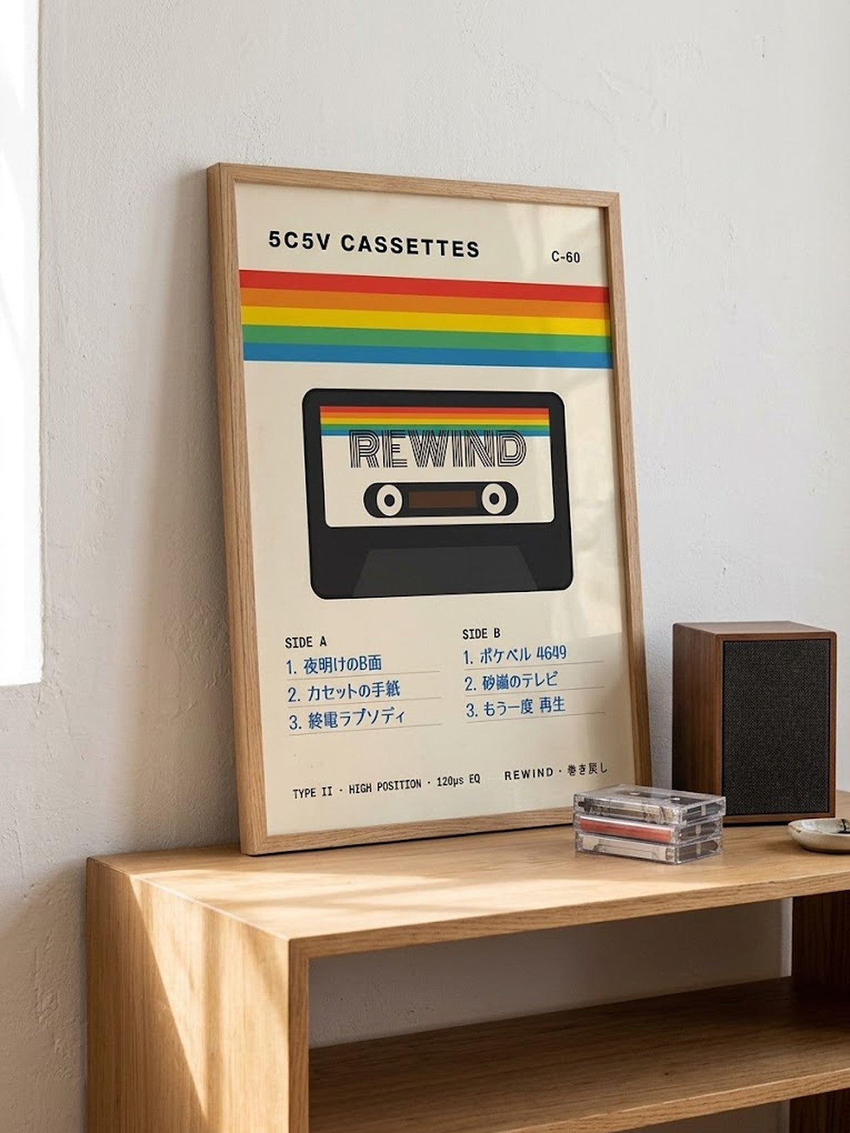 Kasetto カセット C-60 Japanese J-Card Poster by 5C5V in an oak frame on a shelf beside cassette tapes and a speaker