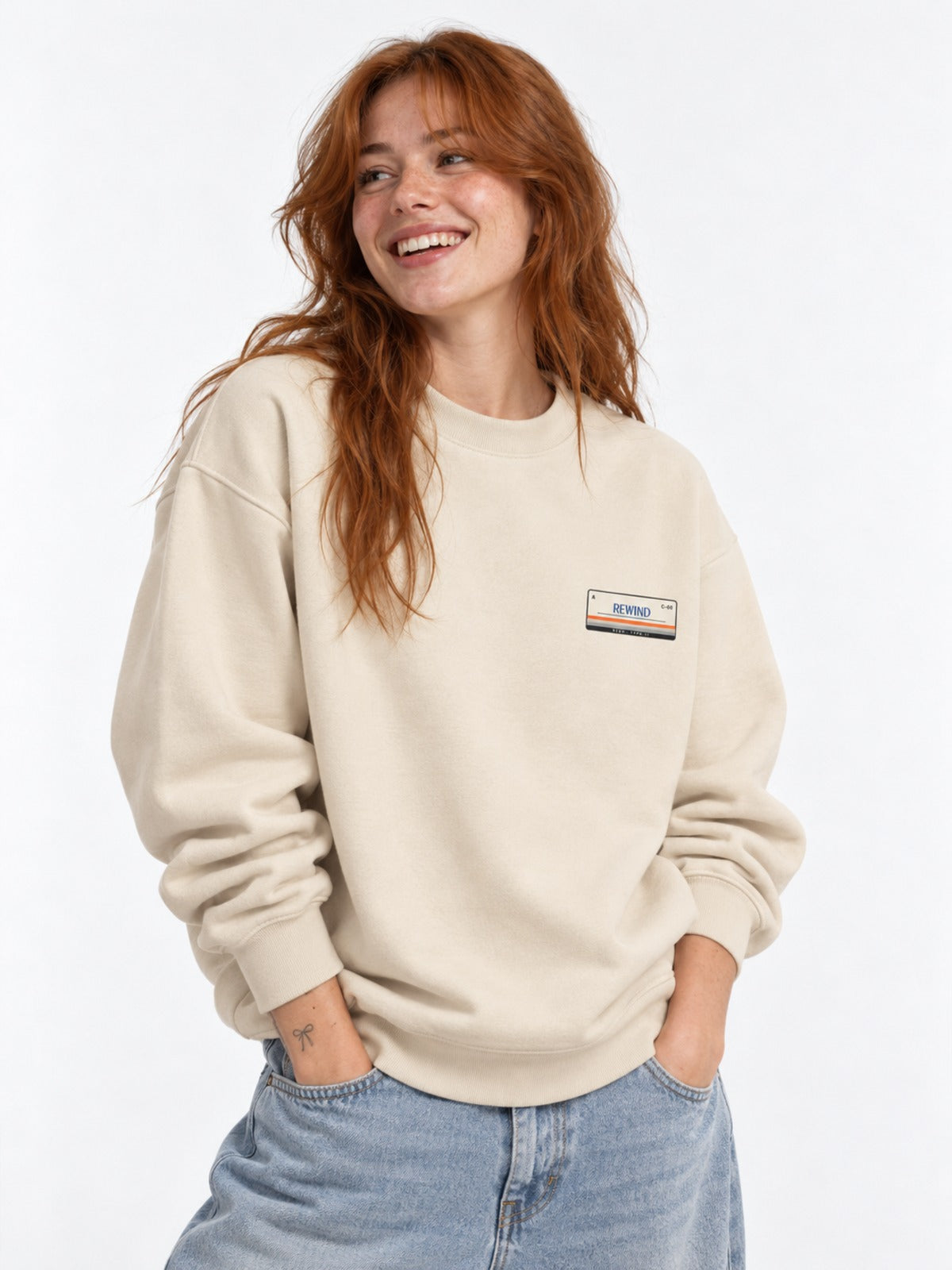 Kasetto カセット C-60 Japanese Tape Label Sweatshirt in dust by 5C5V, on model, three-quarter view